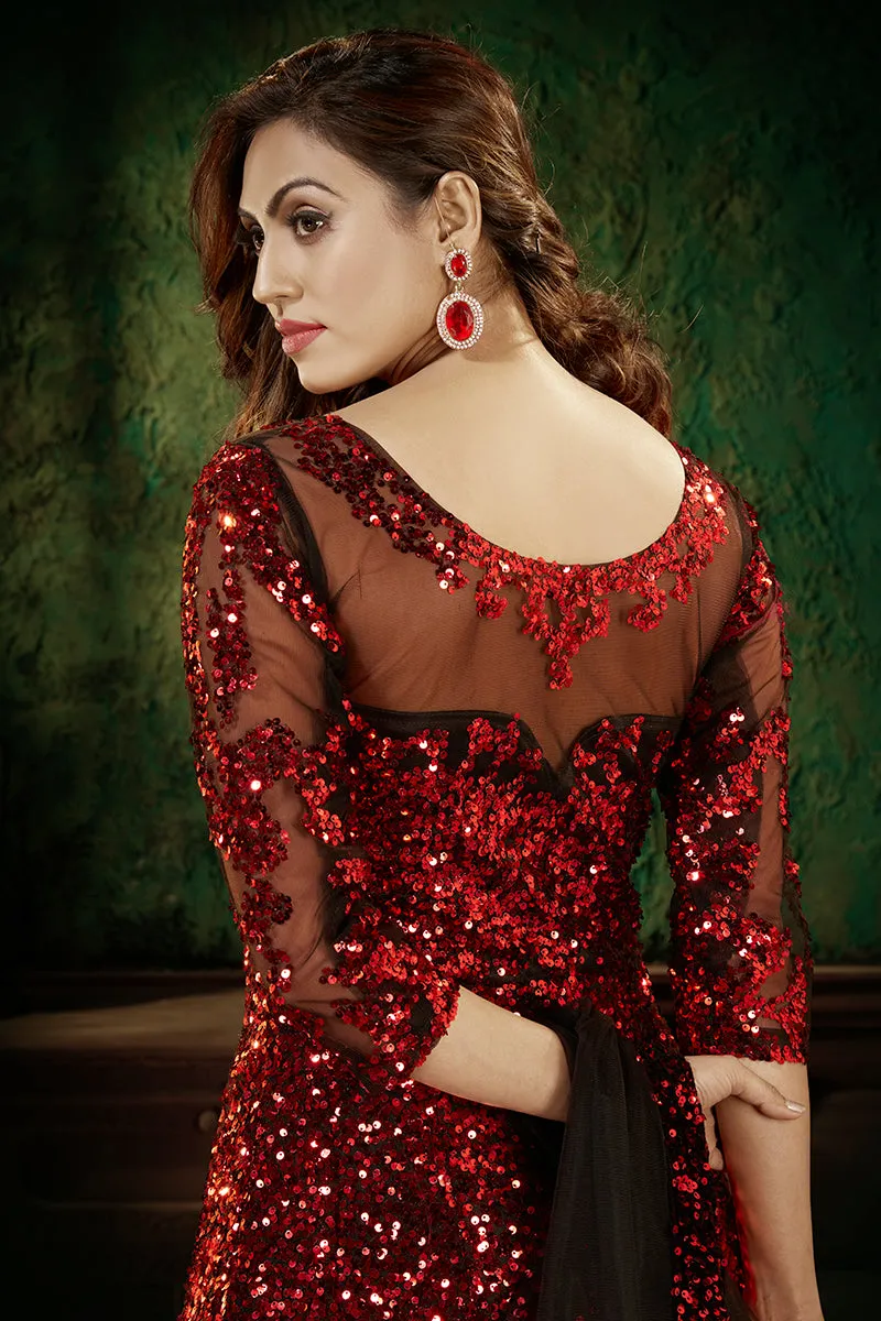 Bright Red Party Wear Sequins Net Anarkali Gown