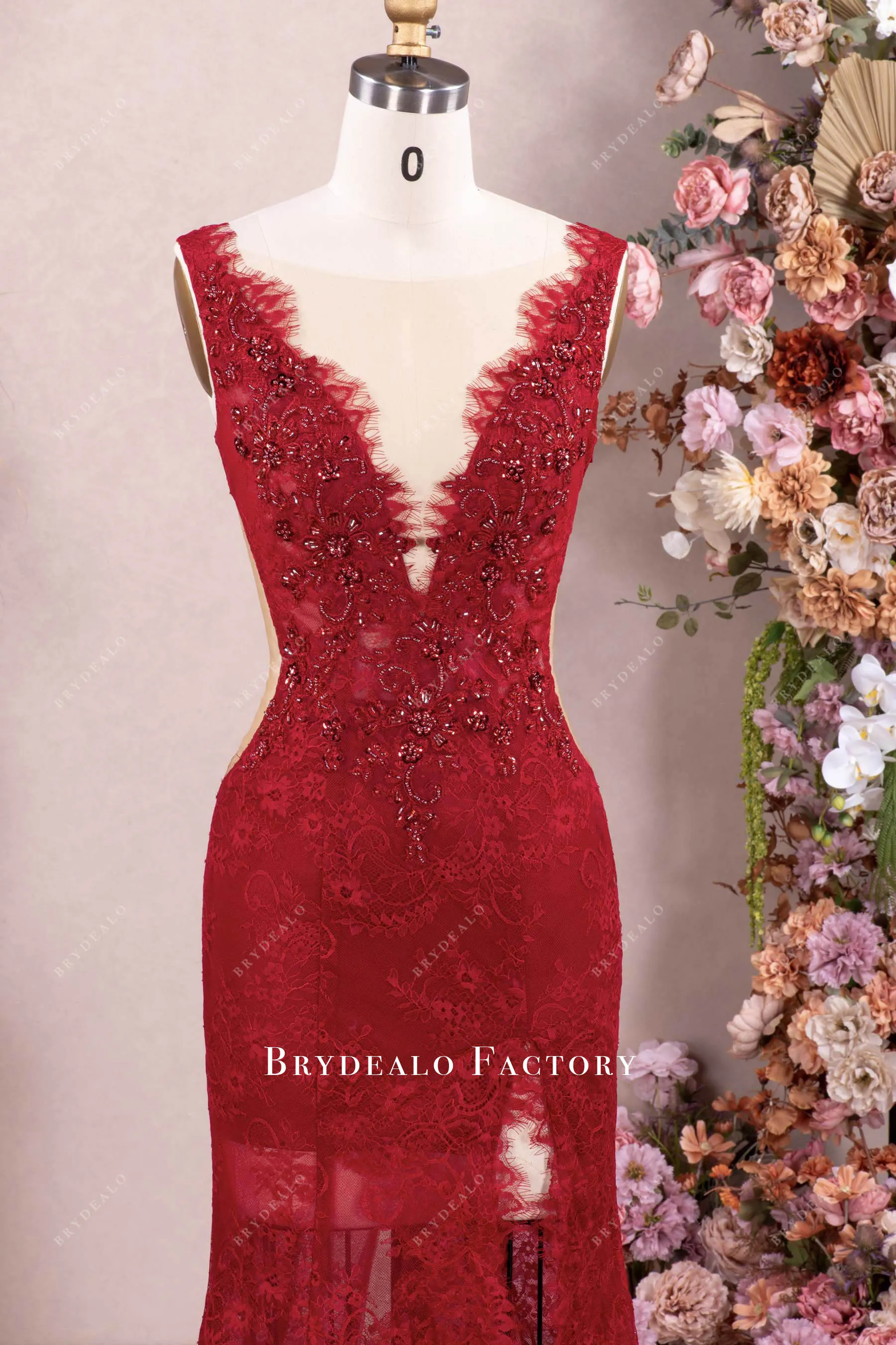 Burgundy Beaded Scalloped Lace Plunging Prom Dress