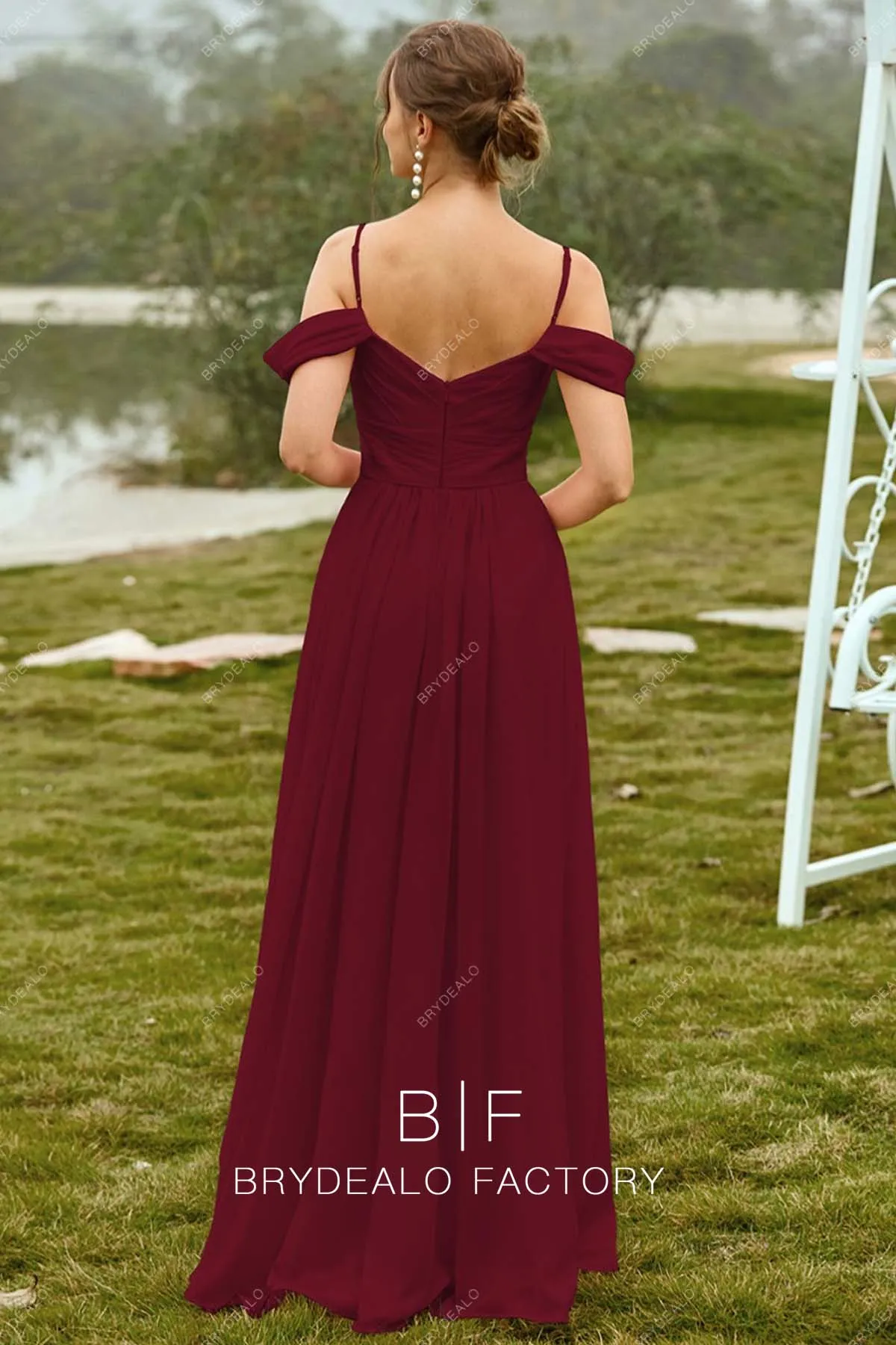 Burgundy Cold Shoulder Chiffon Slit Floor Length Bridesmaid Gown