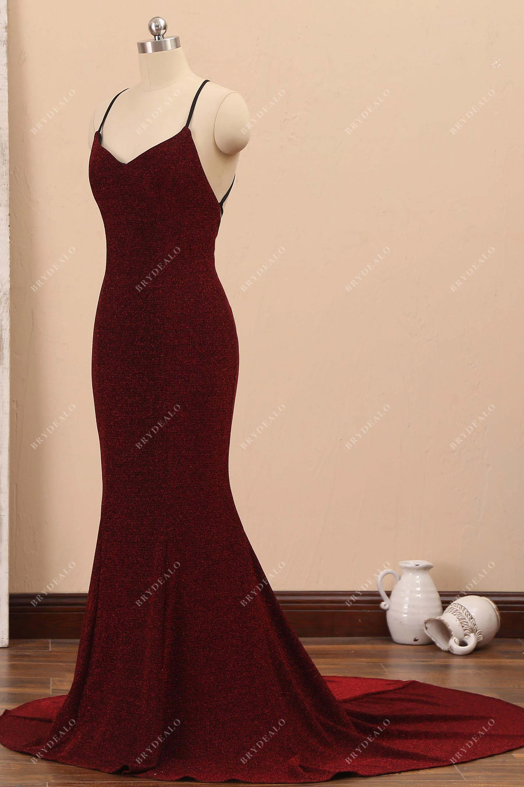 Burgundy Glitter Thin Straps Mermaid Prom Dress