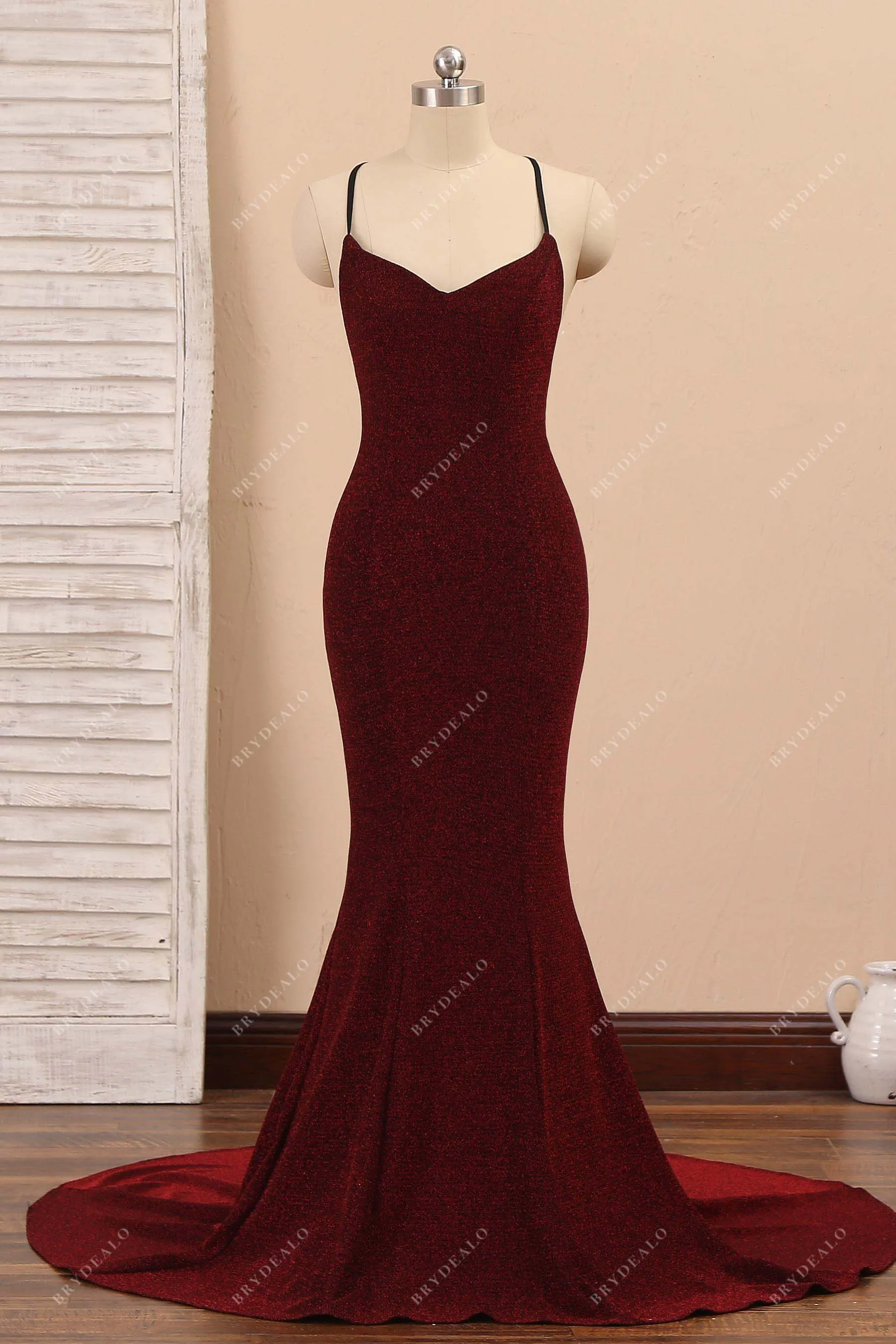 Burgundy Glitter Thin Straps Mermaid Prom Dress