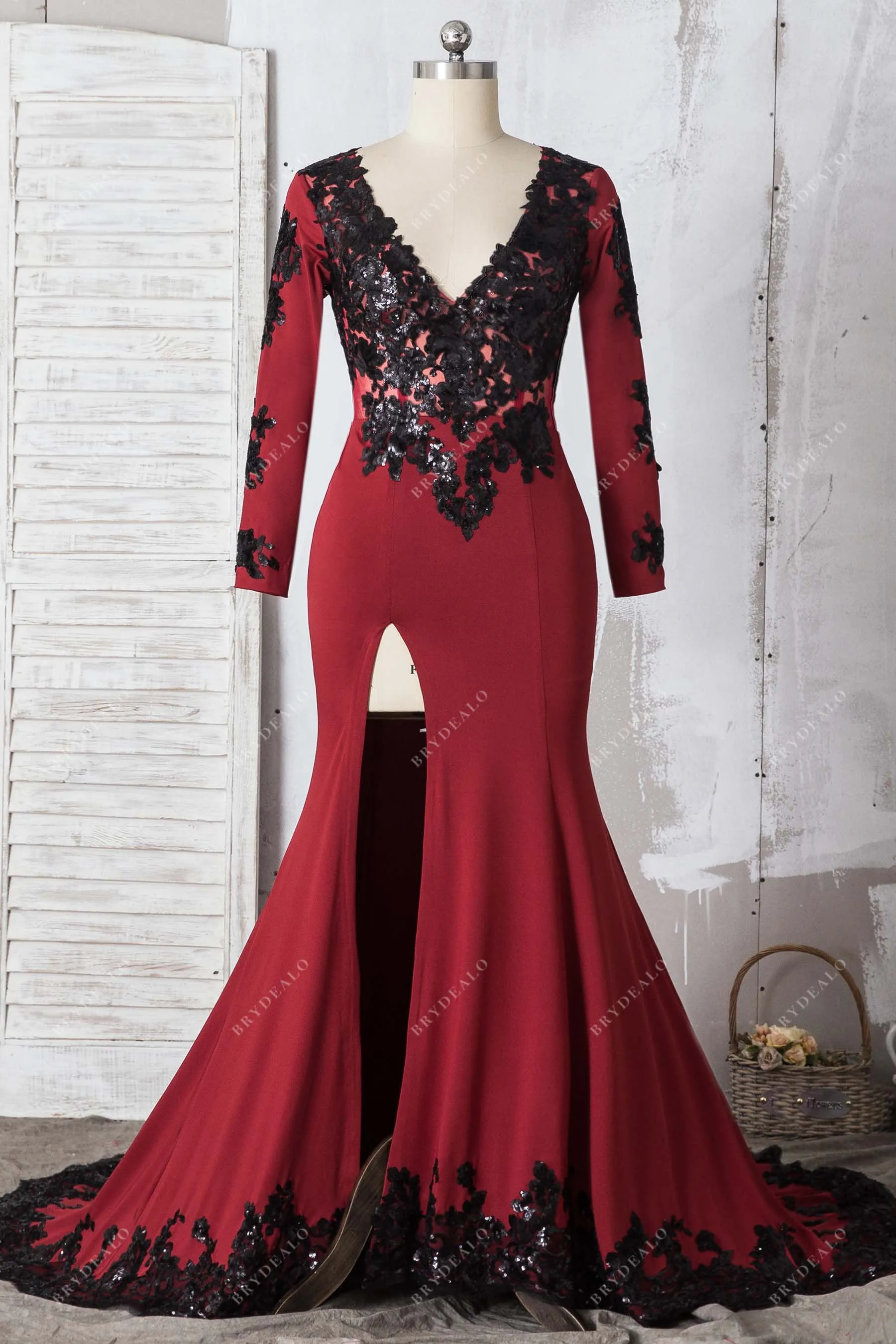 Burgundy Jersey with Black Sequin Slit Prom Dress