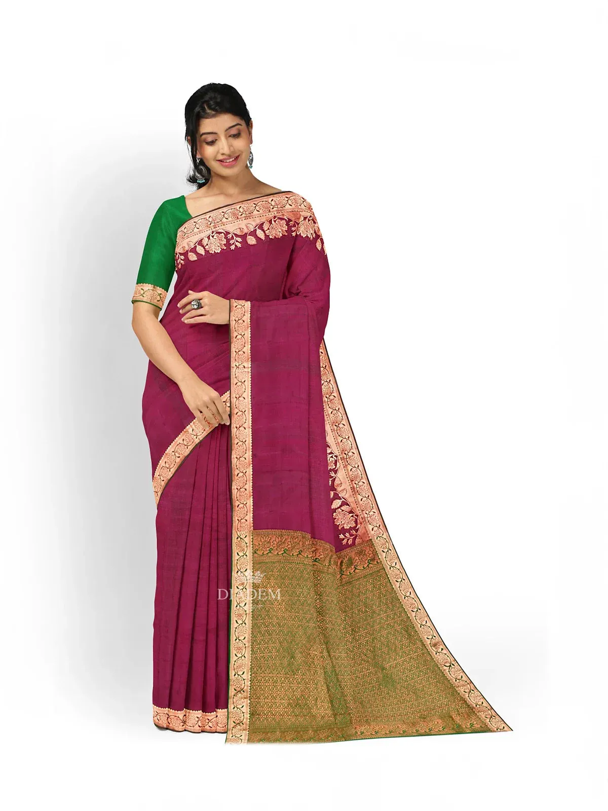 Burgundy Silk Saree with Plain body and Contrast Zari Border