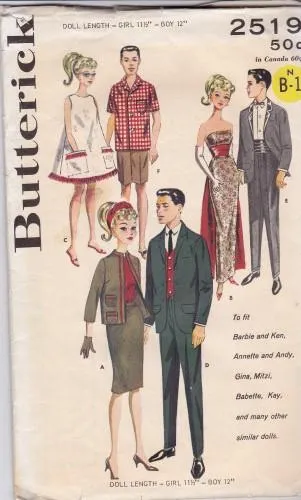 Butterick 2519 Barbie Ken Doll Clothes Skirt Blouse Gown Tuxedo Sewing Pattern Vintage 1960's