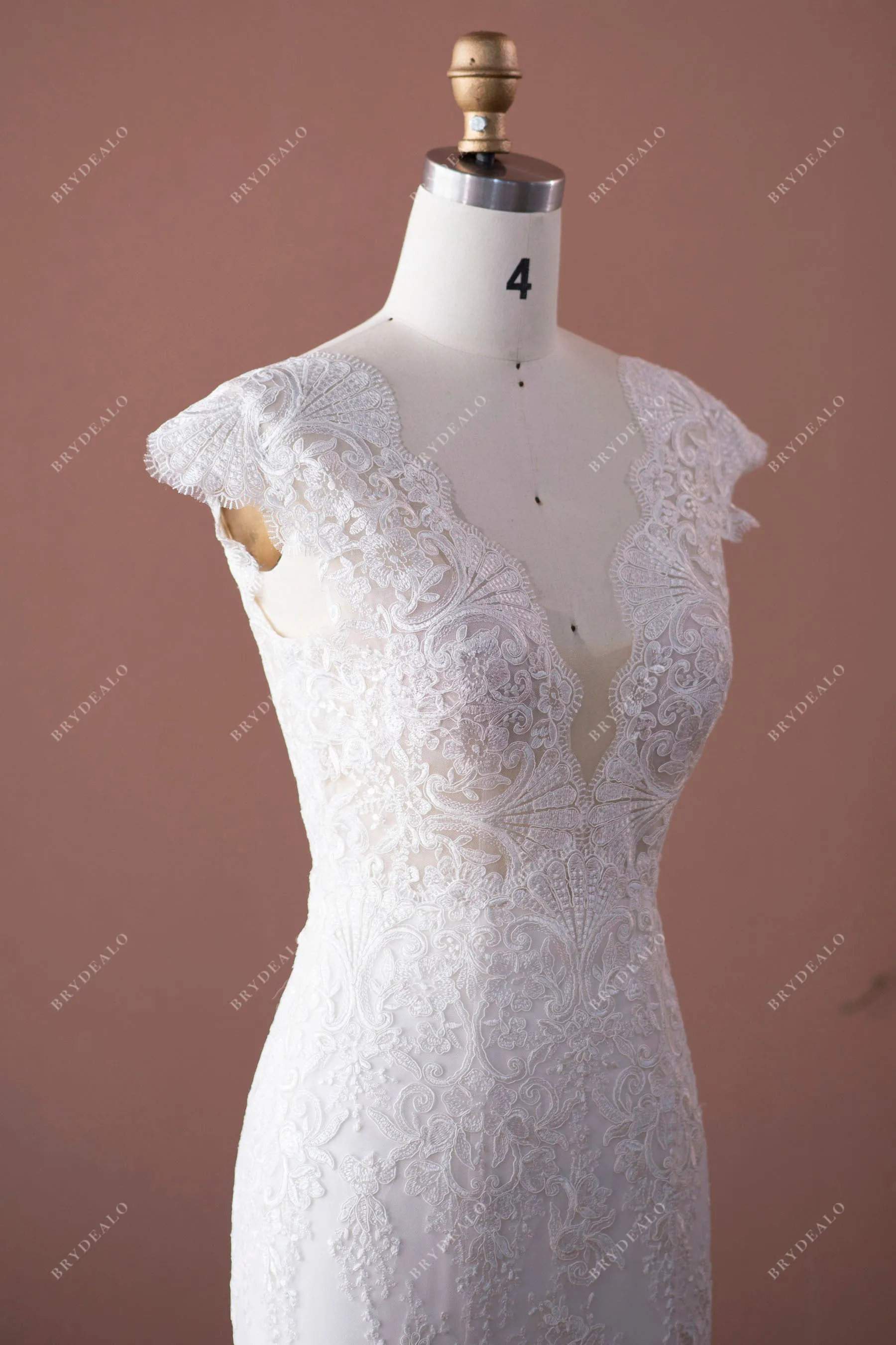 Cap Sleeve Scallop Lace Neck Fit Flare Wedding Dress with High Slit