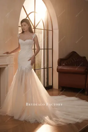 Champagne Illusion Back Beaded Lace Mermaid Wedding Dress