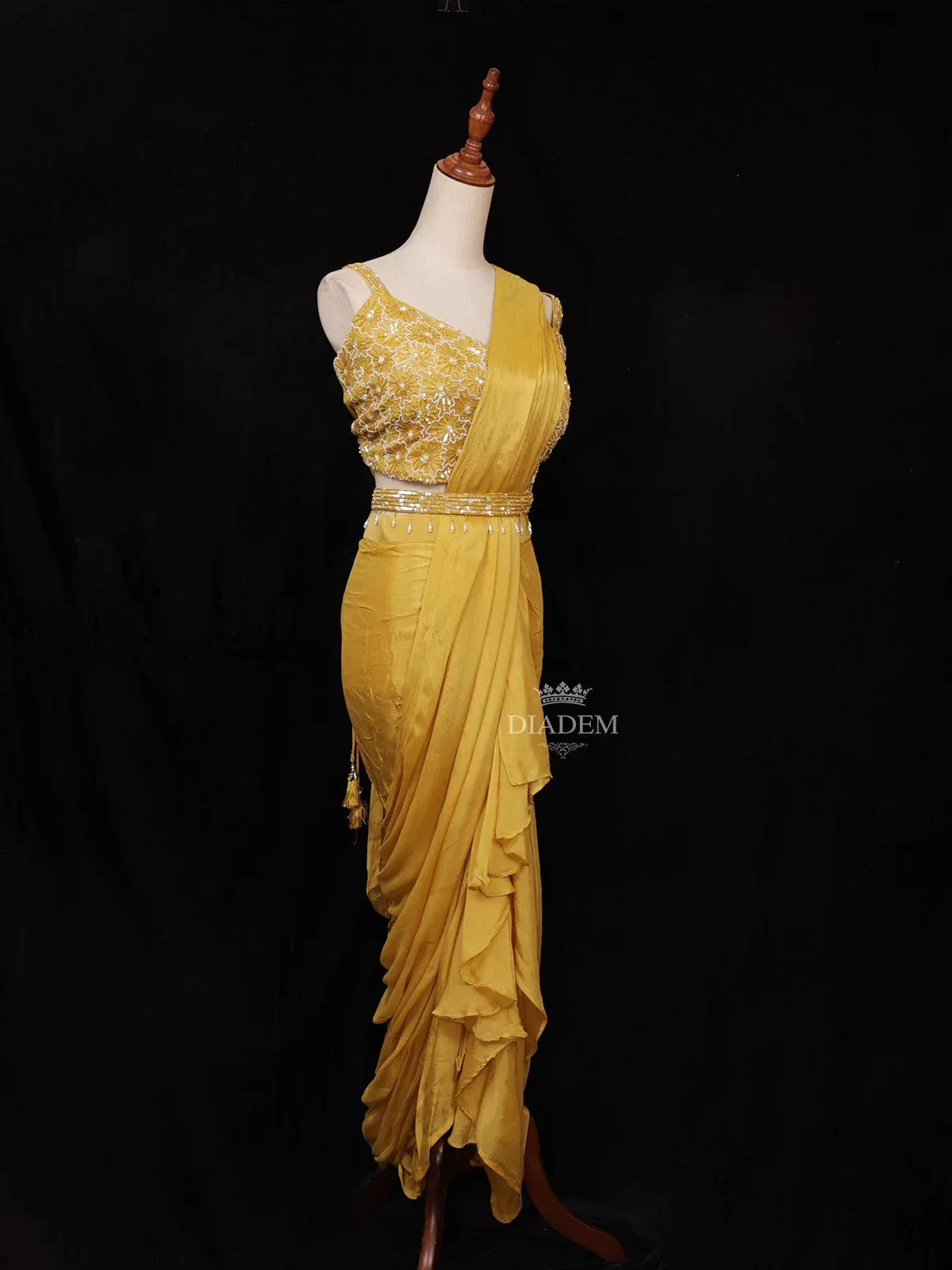 Chrome Yellow Chiffon Ready to Wear Saree with Plain Body Paired with Designer Blouse and Waist Belt