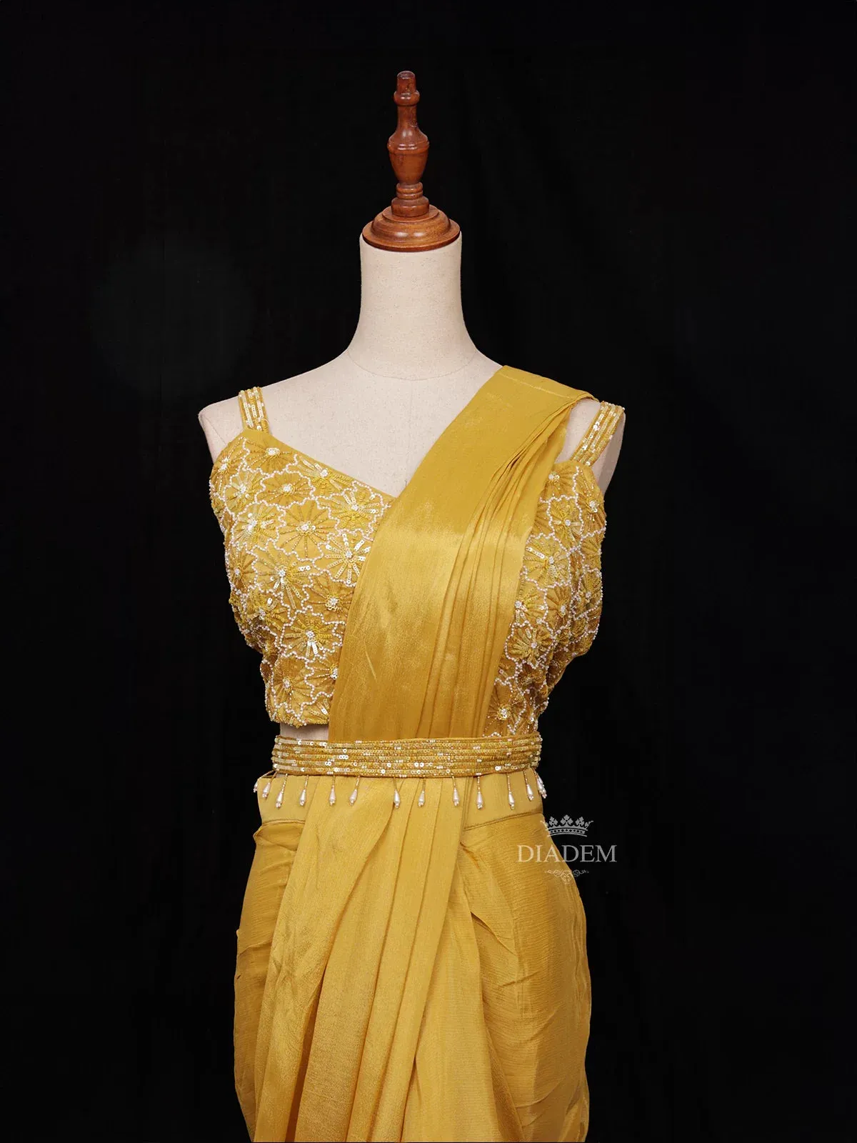 Chrome Yellow Chiffon Ready to Wear Saree with Plain Body Paired with Designer Blouse and Waist Belt