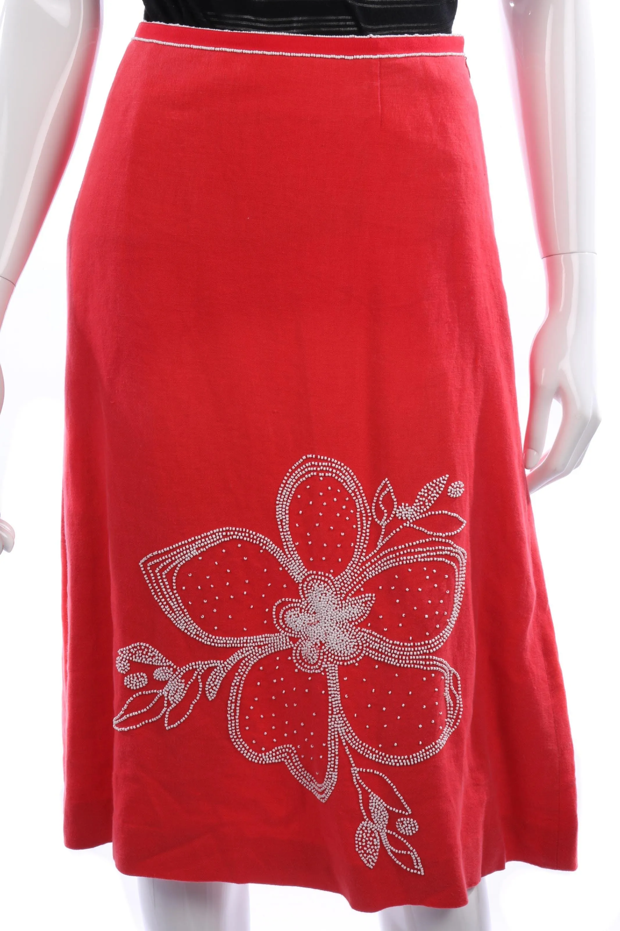 Coast Red Linen Skirt with White Bead Embroiderey Detail Size 12