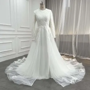 Crew Neck Lace Chiffon Mermaid Bridal Dress with Overskirt