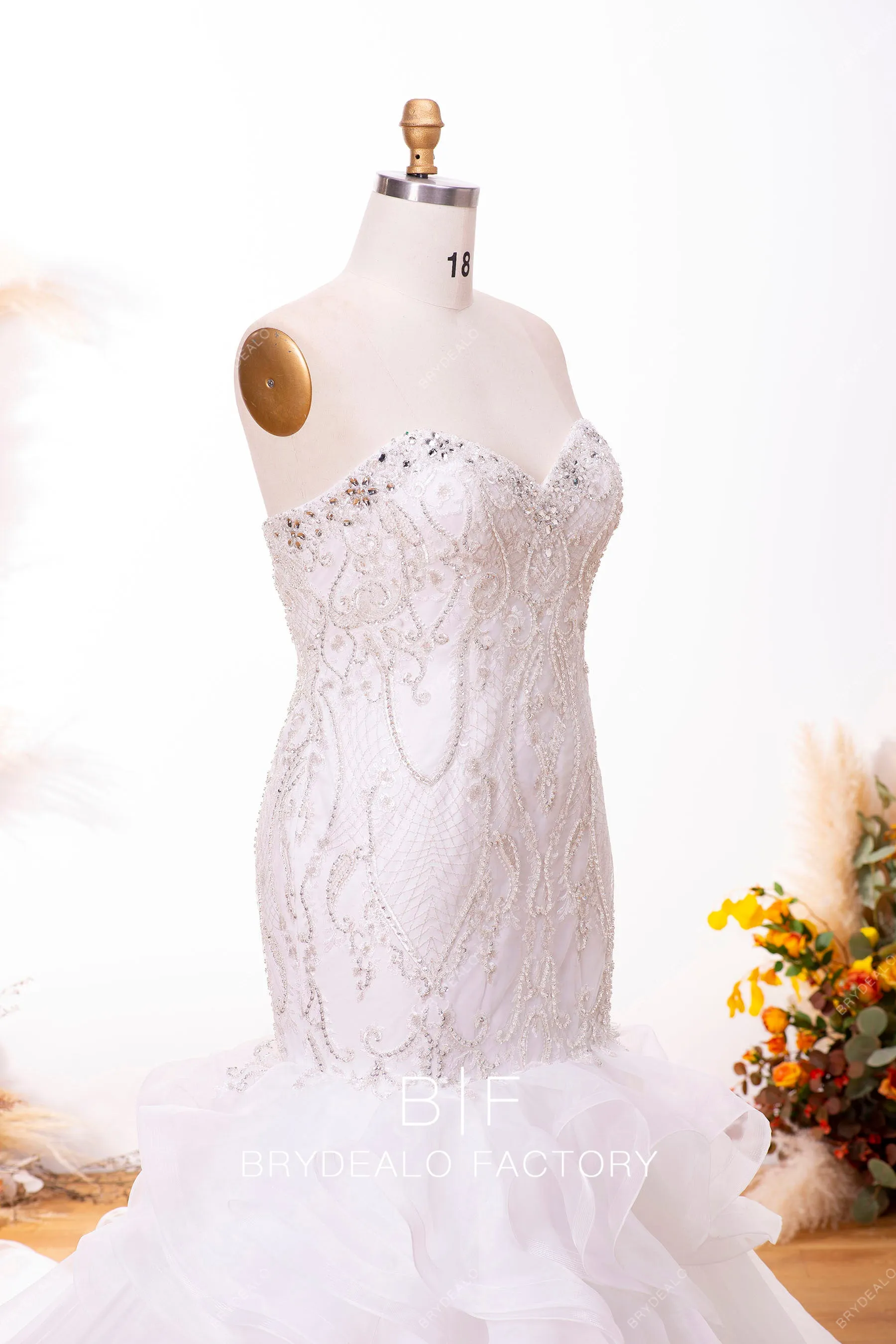 Crystals Lace Organza Strapless Long Bridal Dress