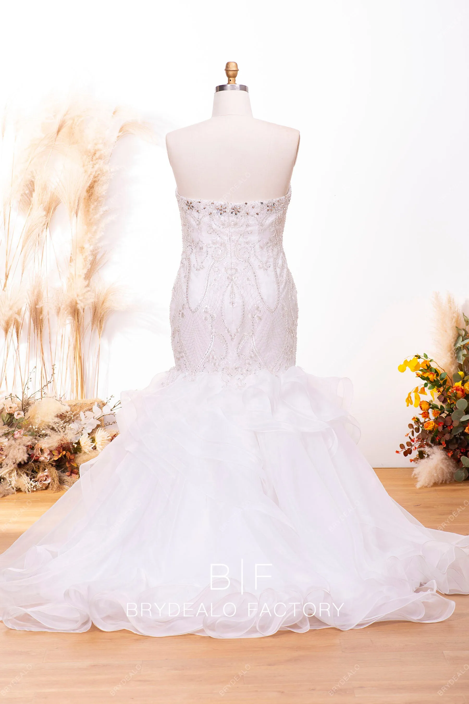 Crystals Lace Organza Strapless Long Bridal Dress