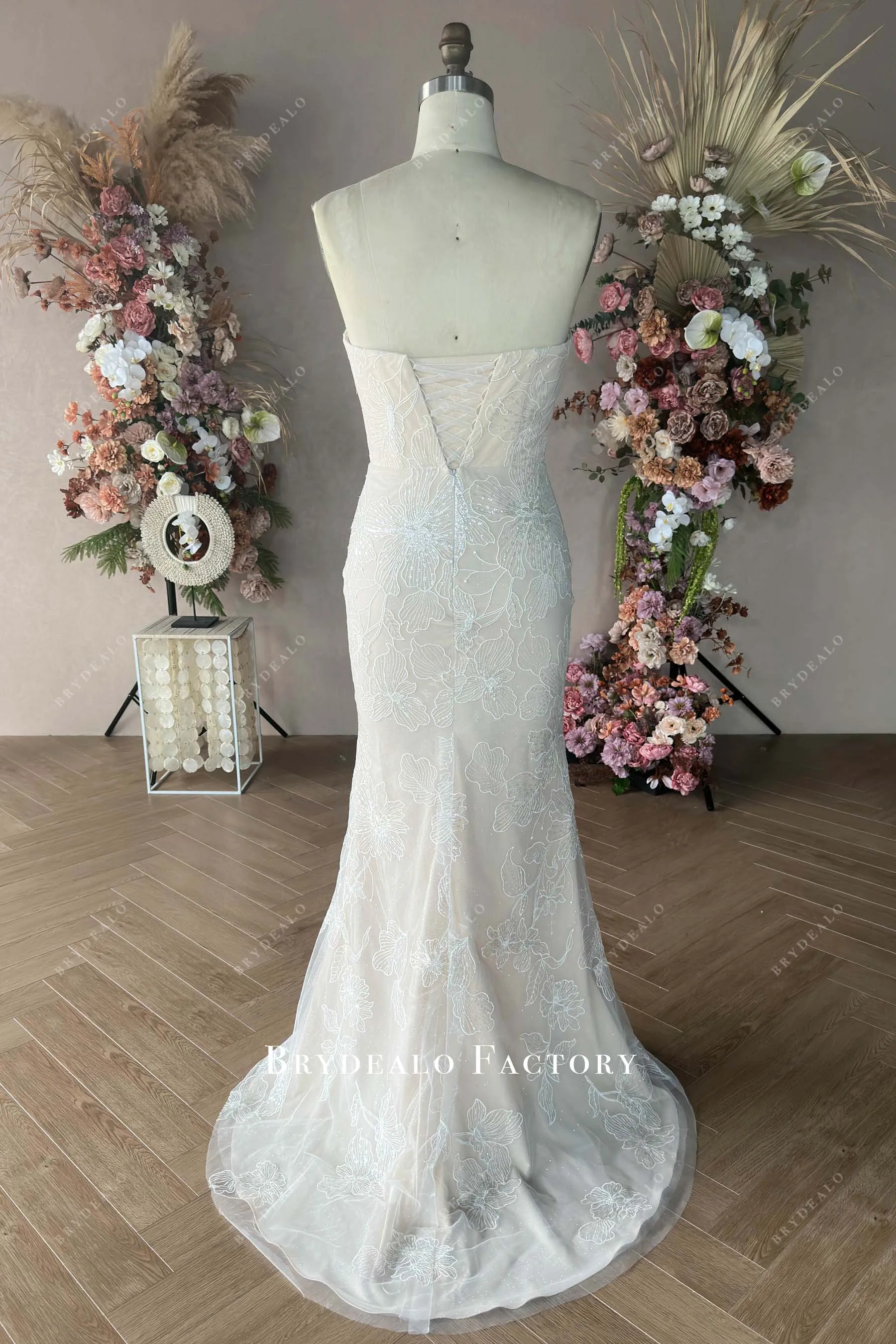 Custom Flora Lace Light Champagne Mermaid Wedding Dress