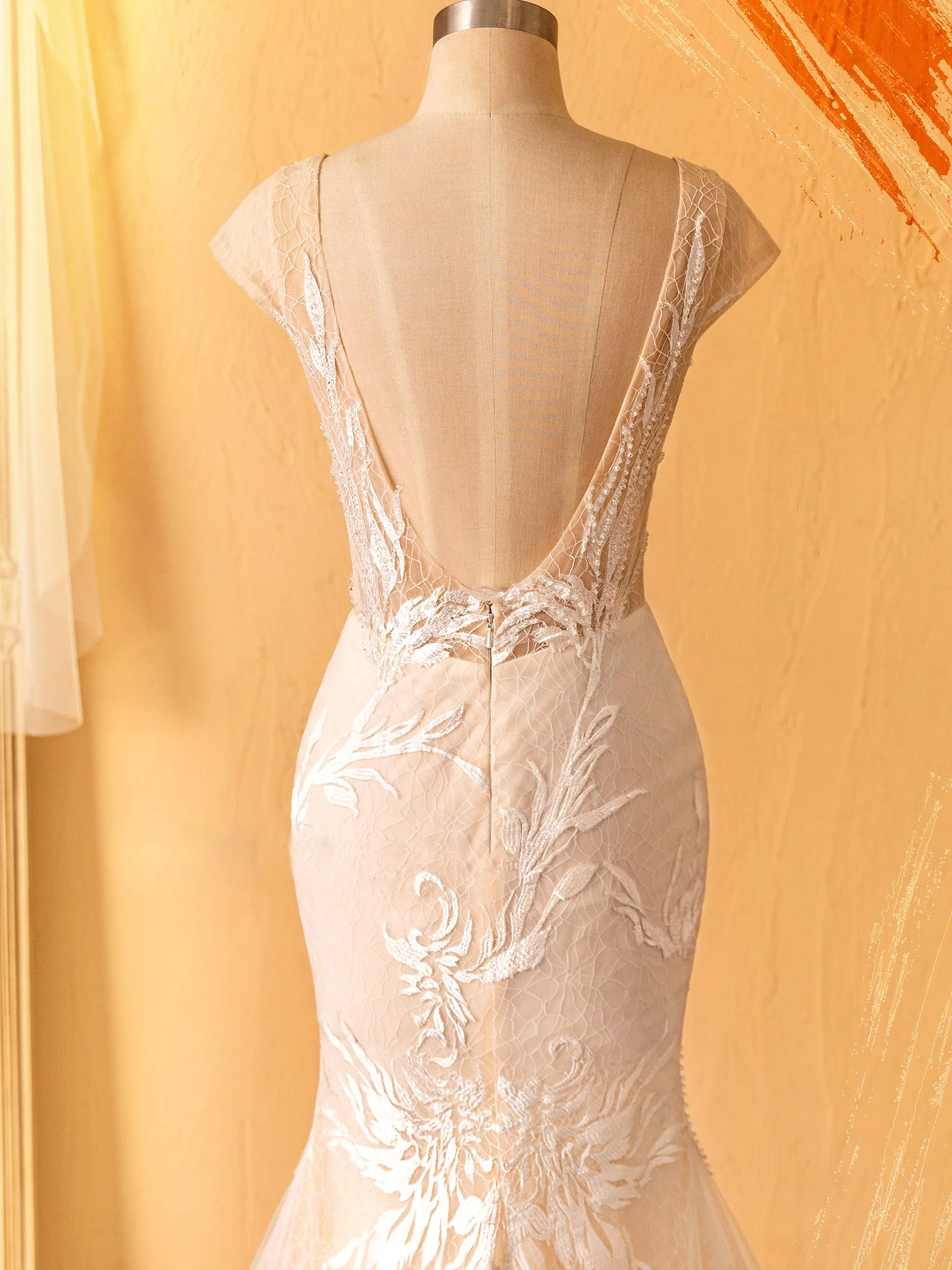 Custom Lace Champagne Plunging Cap Sleeve Mermaid Wedding Dress