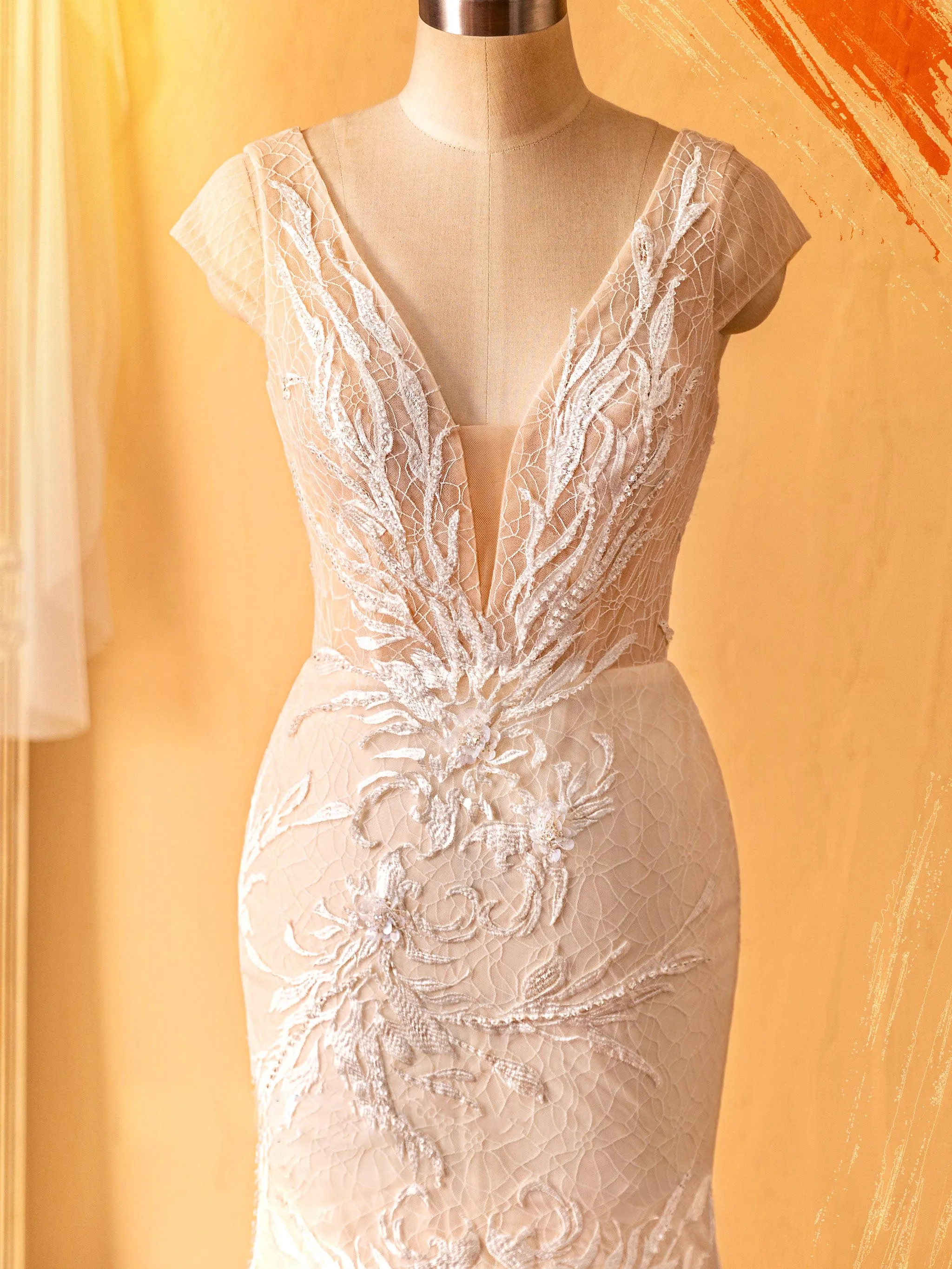 Custom Lace Champagne Plunging Cap Sleeve Mermaid Wedding Dress