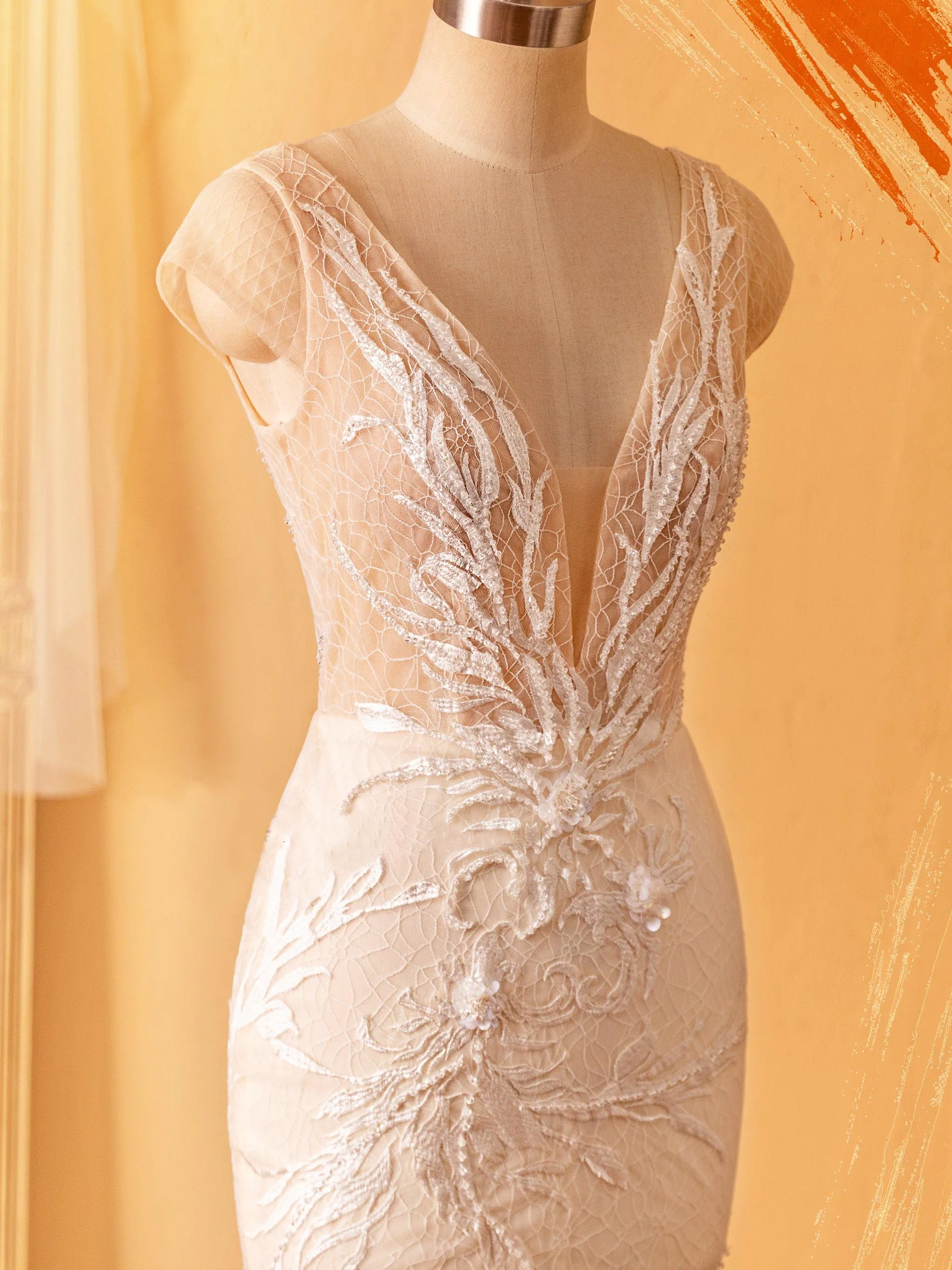 Custom Lace Champagne Plunging Cap Sleeve Mermaid Wedding Dress