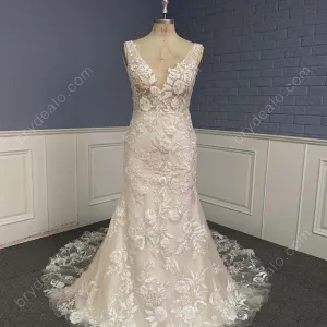 Deep V-neck Lace Mermaid Chapel Train Wholesale Bridal Dress