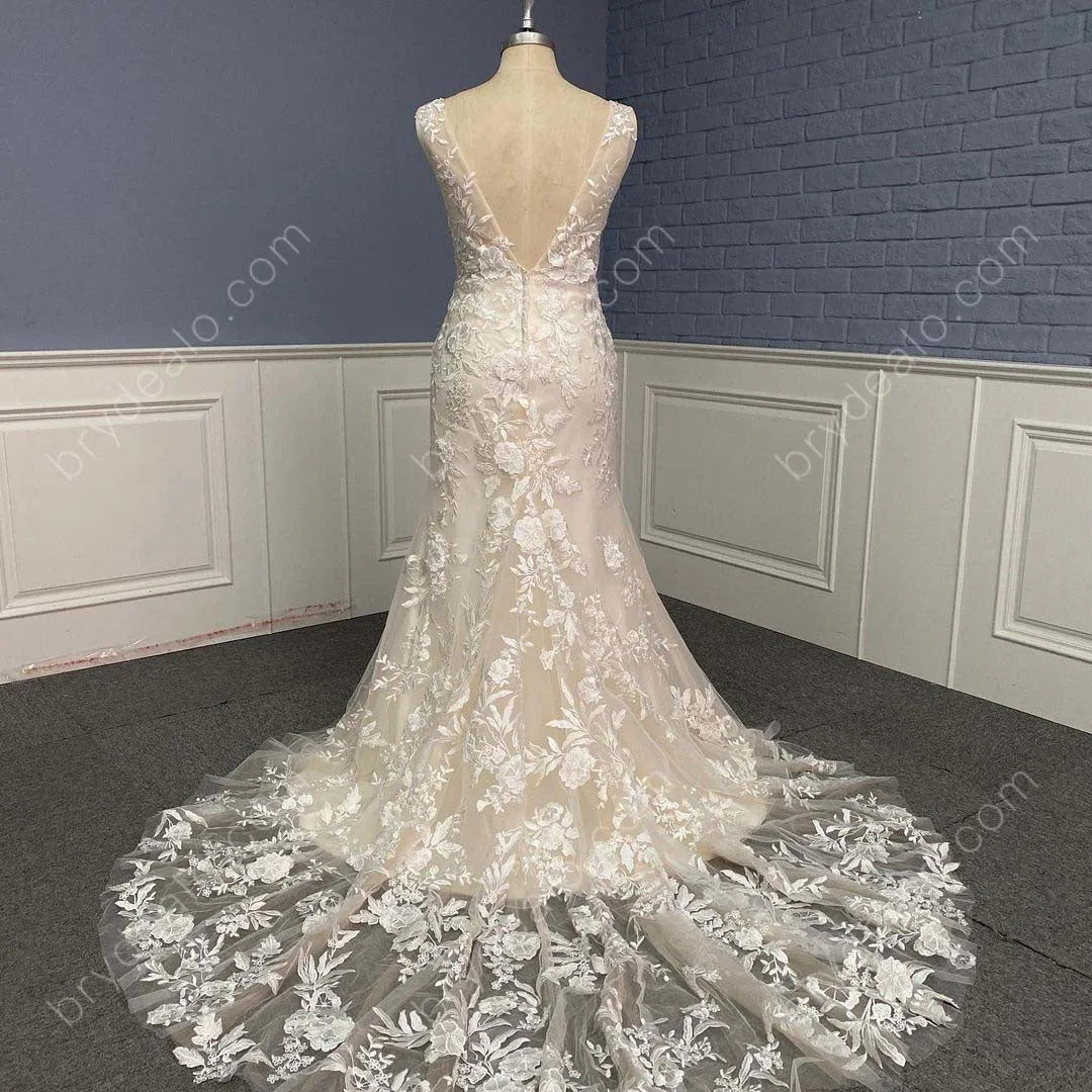 Deep V-neck Lace Mermaid Chapel Train Wholesale Bridal Dress