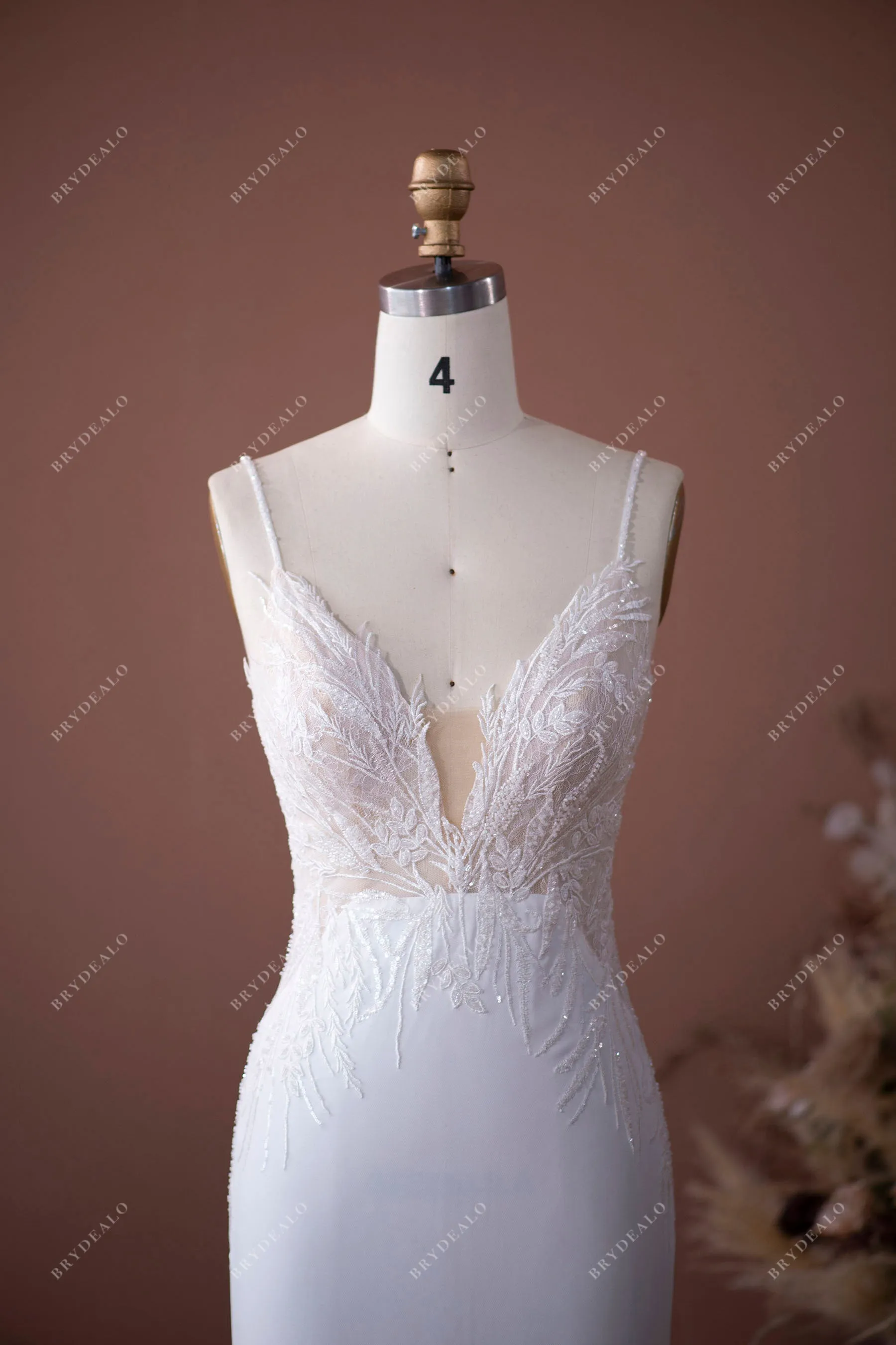 Designer Beaded Lace Plunge Mermaid Wedding Dress