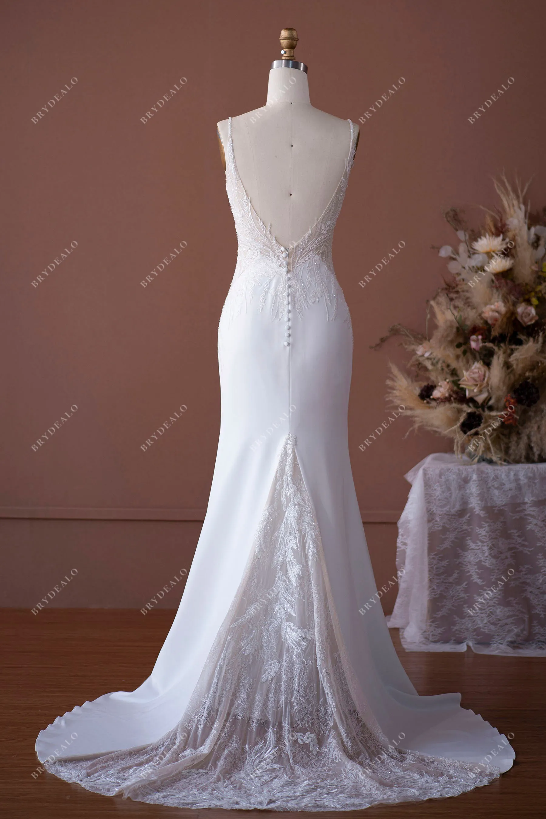 Designer Beaded Lace Plunge Mermaid Wedding Dress