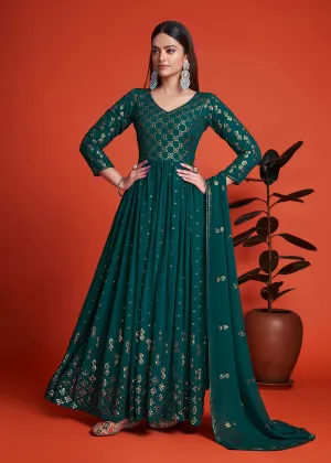 Designer Blooming Georgette Rama Blue Long Anarkali Gown