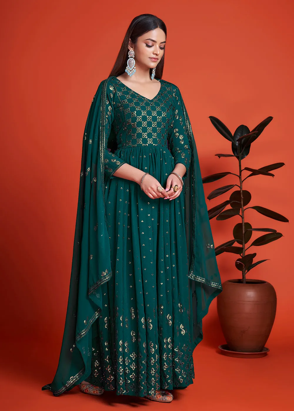 Designer Blooming Georgette Rama Blue Long Anarkali Gown