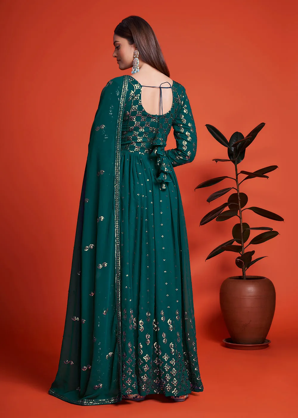 Designer Blooming Georgette Rama Blue Long Anarkali Gown