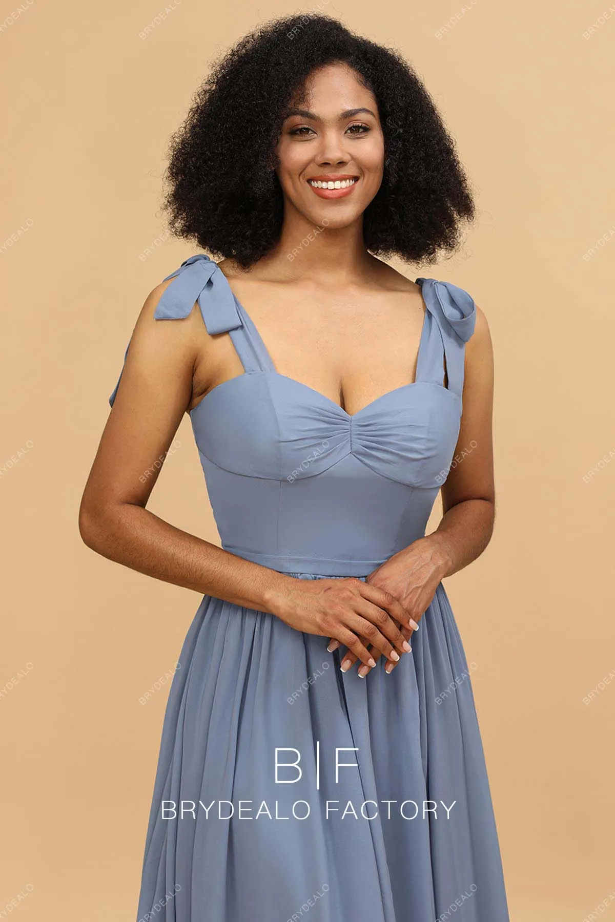 Dusty Blue Chiffon Shoulder Tie Sweetheart Empire Bridesmaid Dress