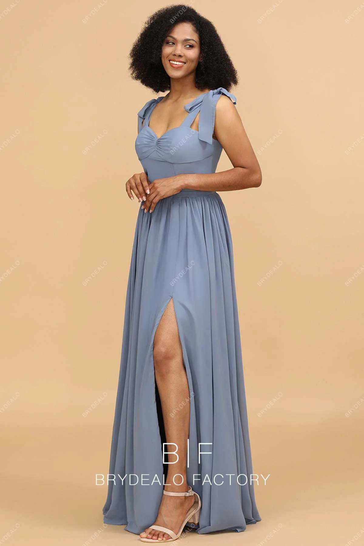 Dusty Blue Chiffon Shoulder Tie Sweetheart Empire Bridesmaid Dress