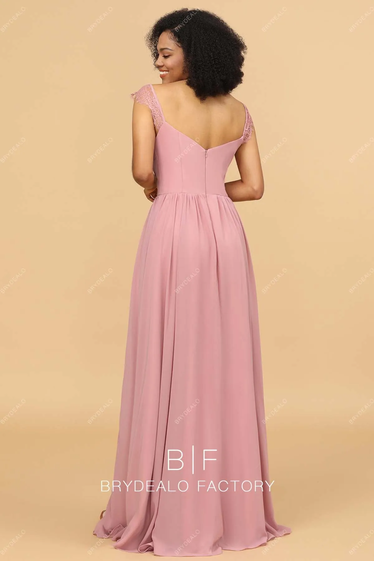 Dusty Rose Lace Cap Sleeves Chiffon A-line Slit Bridesmaid Dress