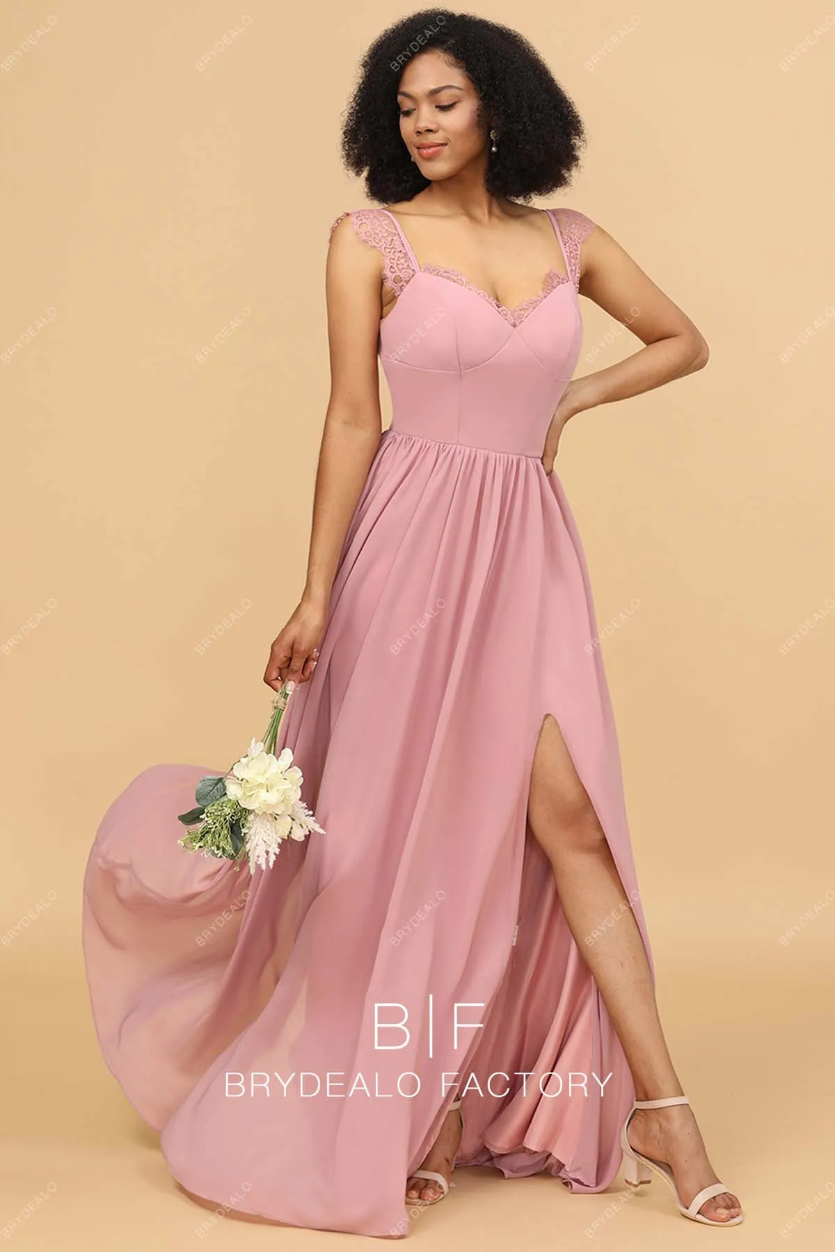 Dusty Rose Lace Cap Sleeves Chiffon A-line Slit Bridesmaid Dress