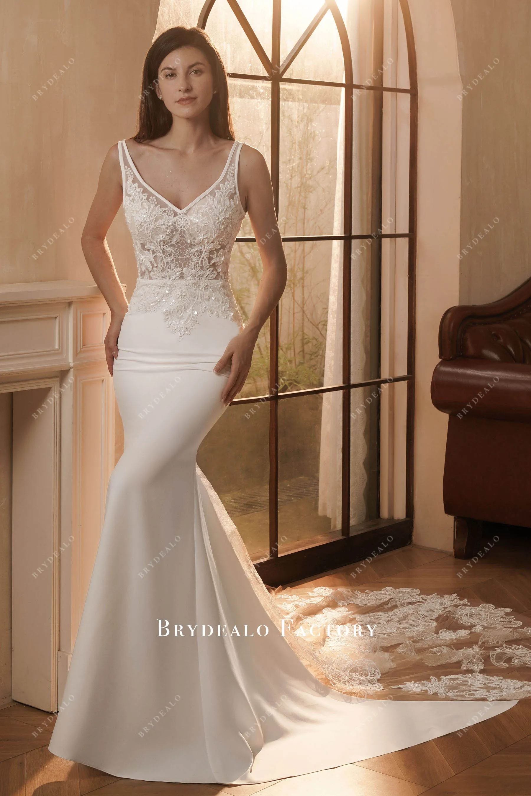 Elegant Beaded Lace Crepe Godet Mermaid Wedding Dress