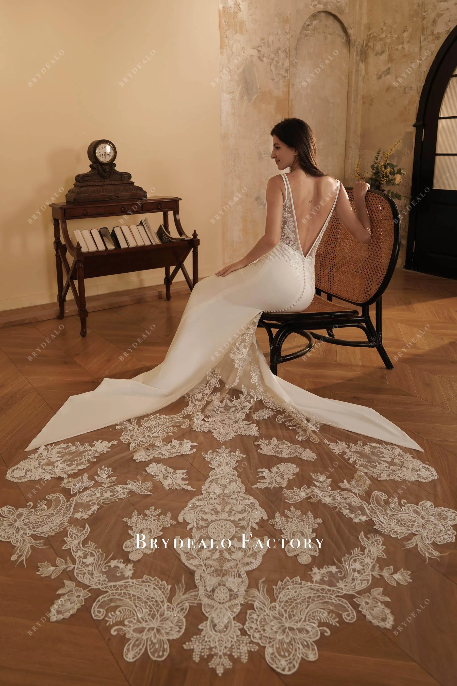 Elegant Beaded Lace Crepe Godet Mermaid Wedding Dress