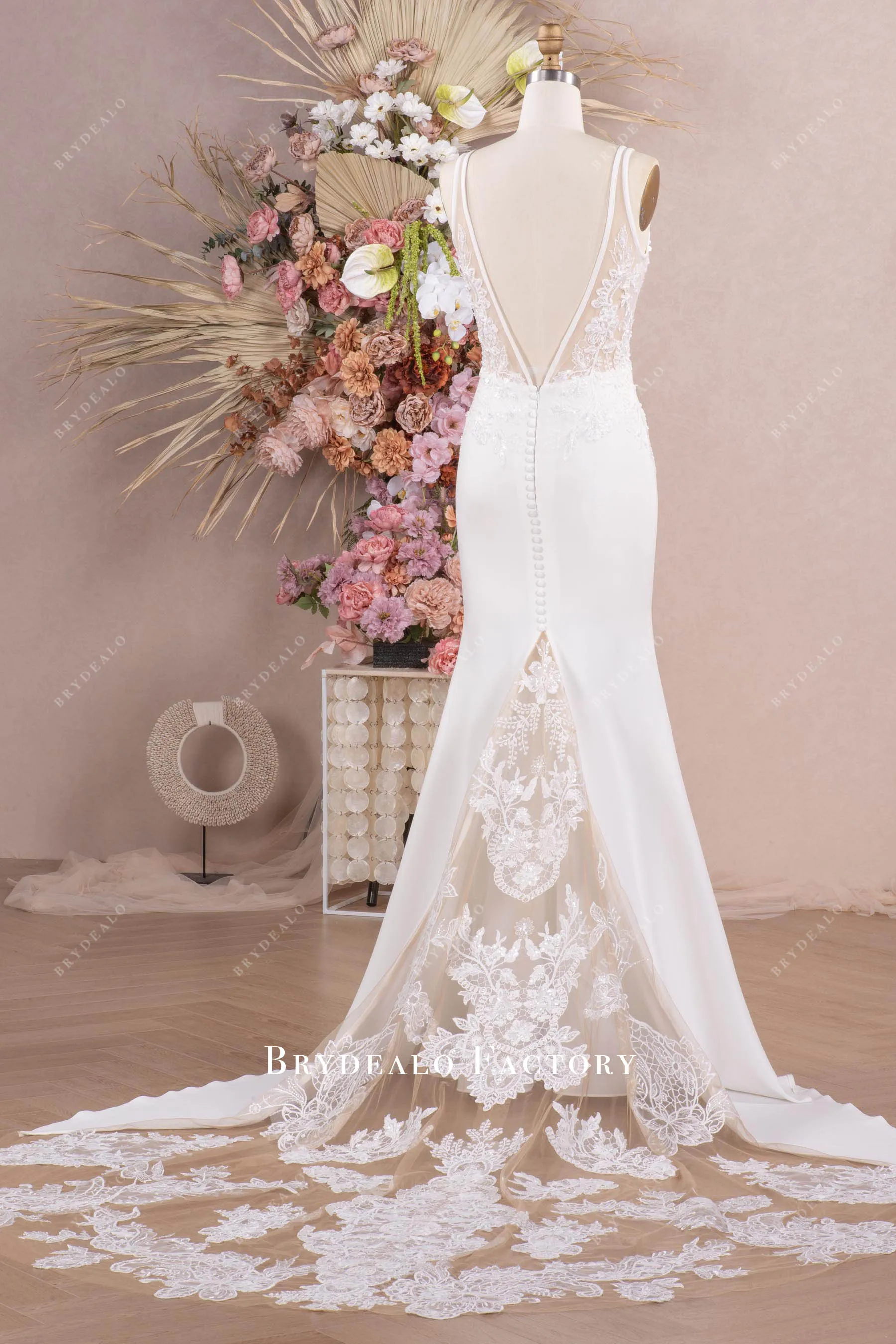 Elegant Beaded Lace Crepe Godet Mermaid Wedding Dress