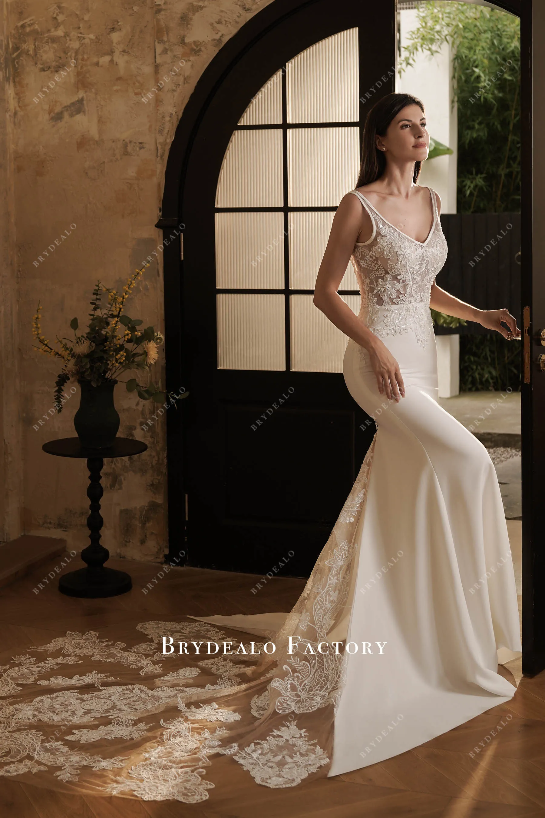 Elegant Beaded Lace Crepe Godet Mermaid Wedding Dress