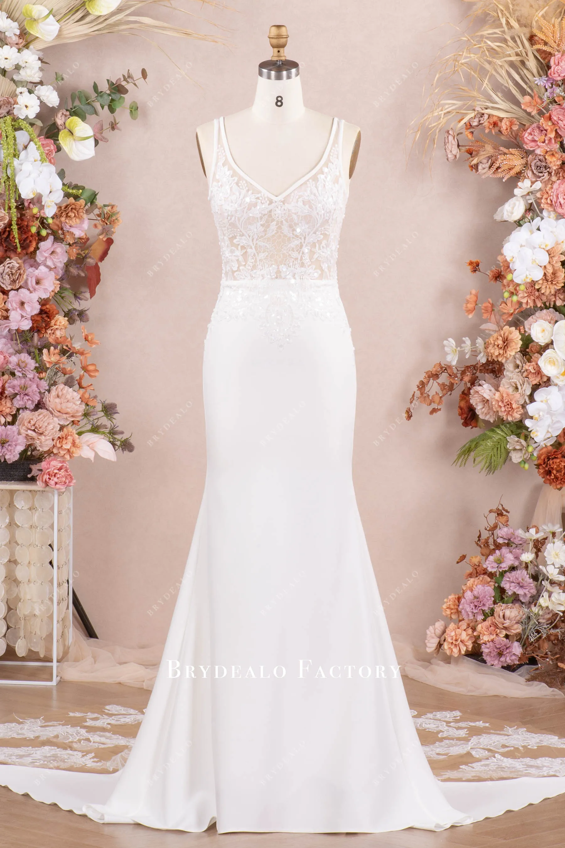 Elegant Beaded Lace Crepe Godet Mermaid Wedding Dress