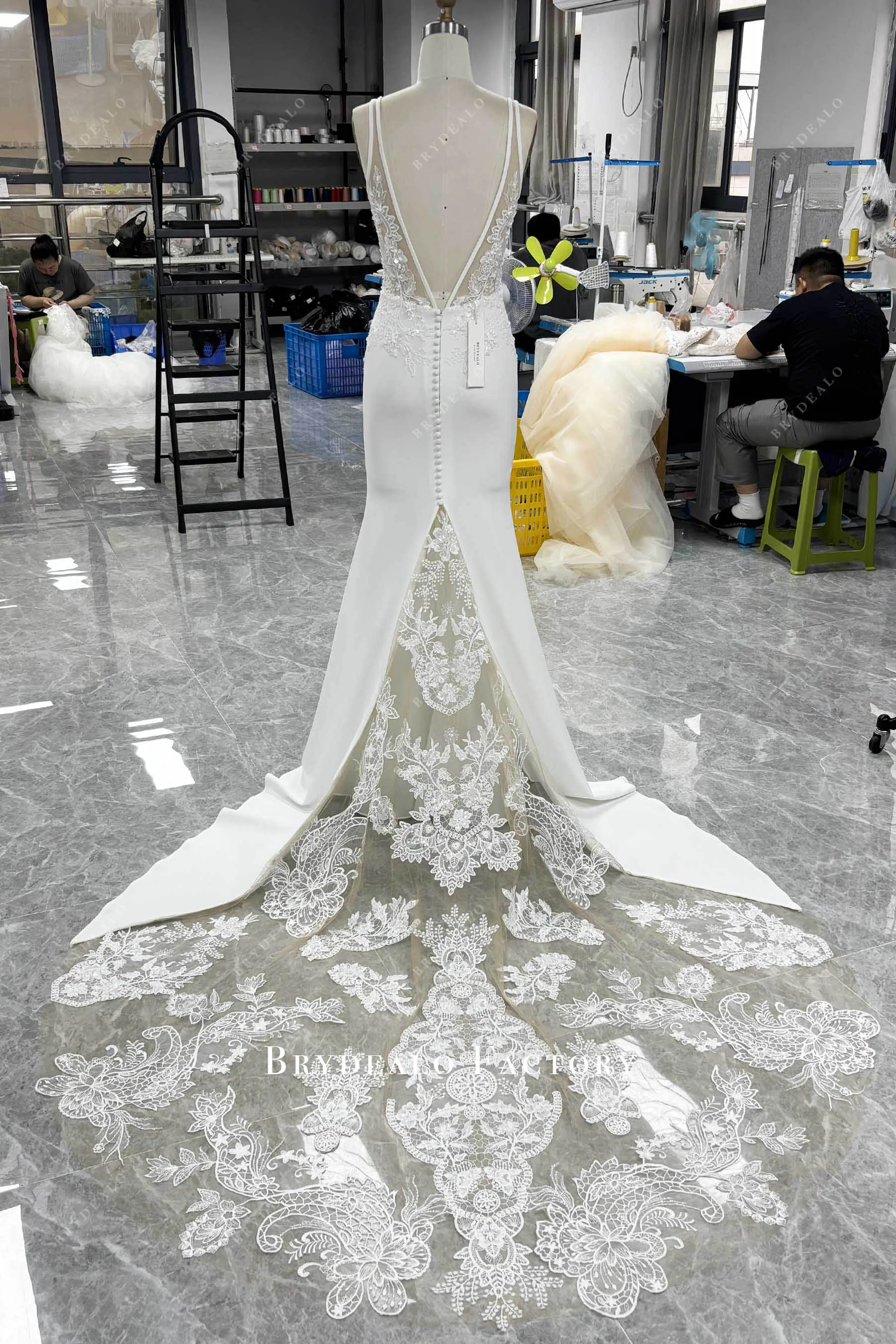 Elegant Beaded Lace Crepe Godet Mermaid Wedding Dress