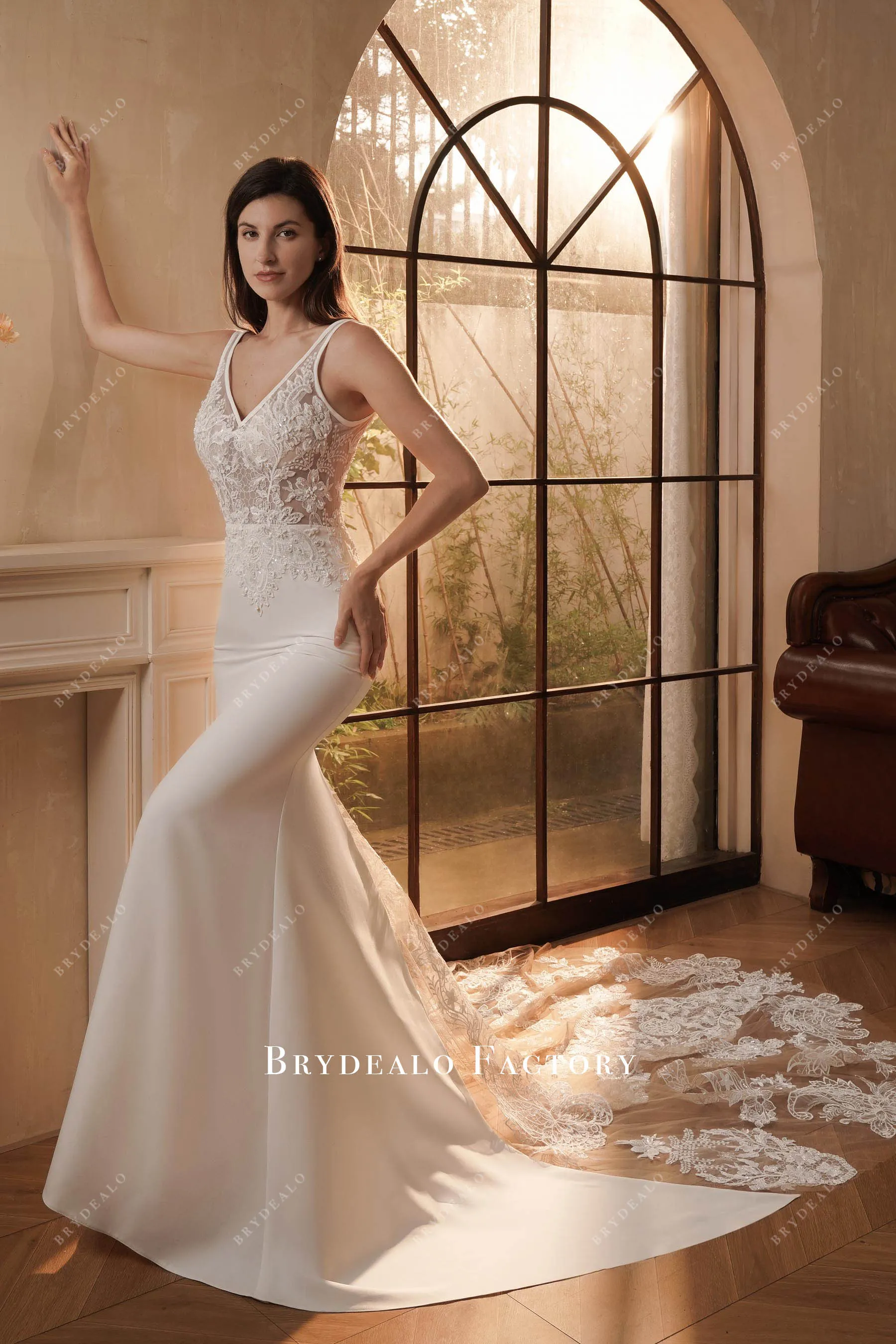 Elegant Beaded Lace Crepe Godet Mermaid Wedding Dress