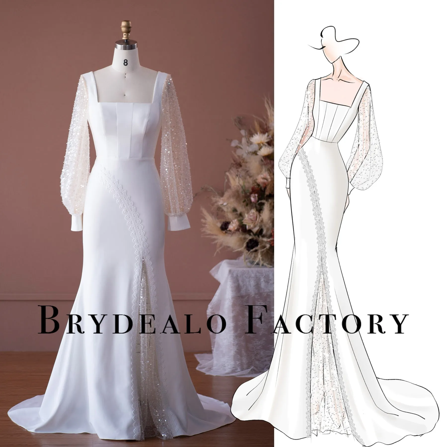 Elegant Beaded Sleeve Mermaid Crepe Wedding Dress