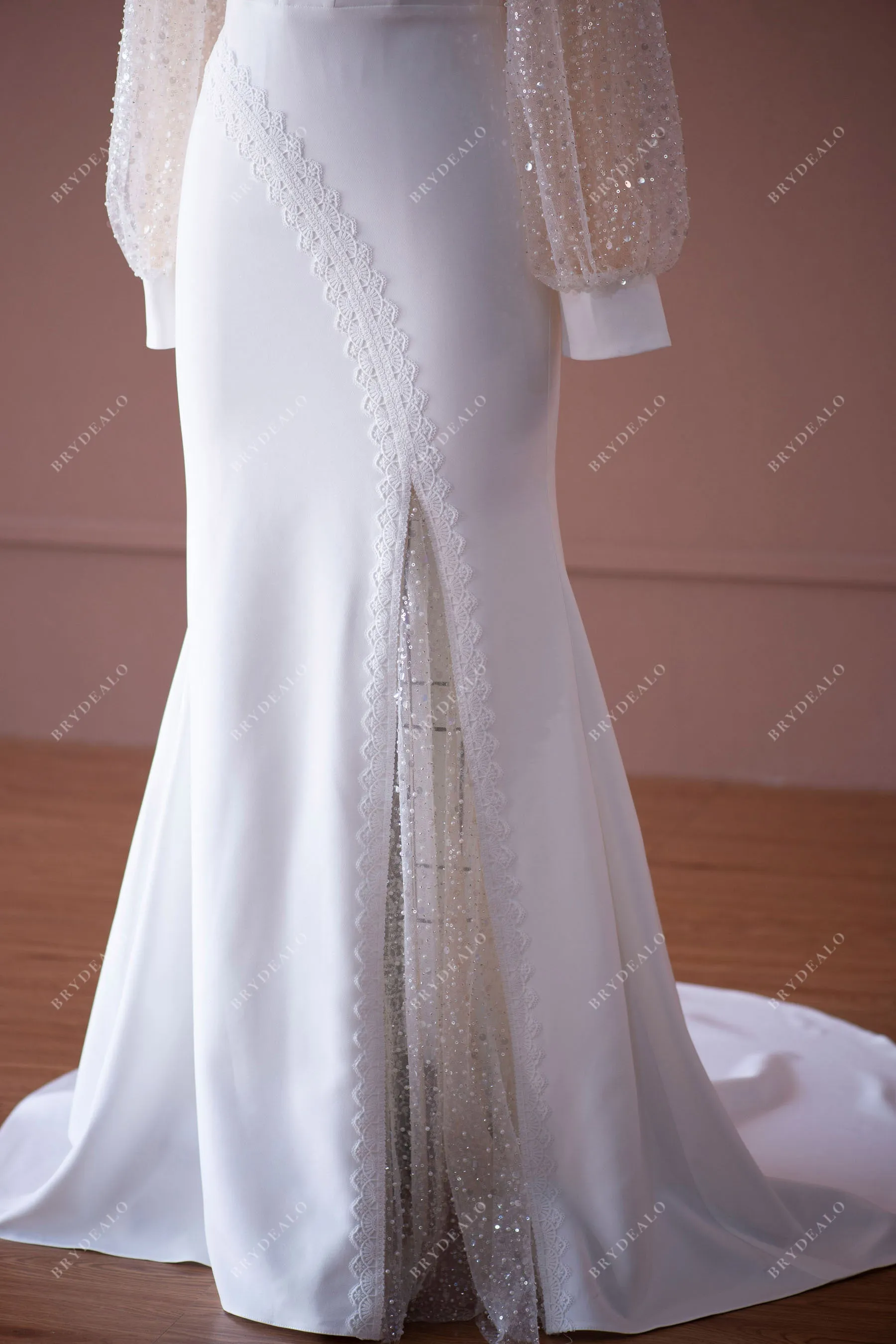 Elegant Beaded Sleeve Mermaid Crepe Wedding Dress