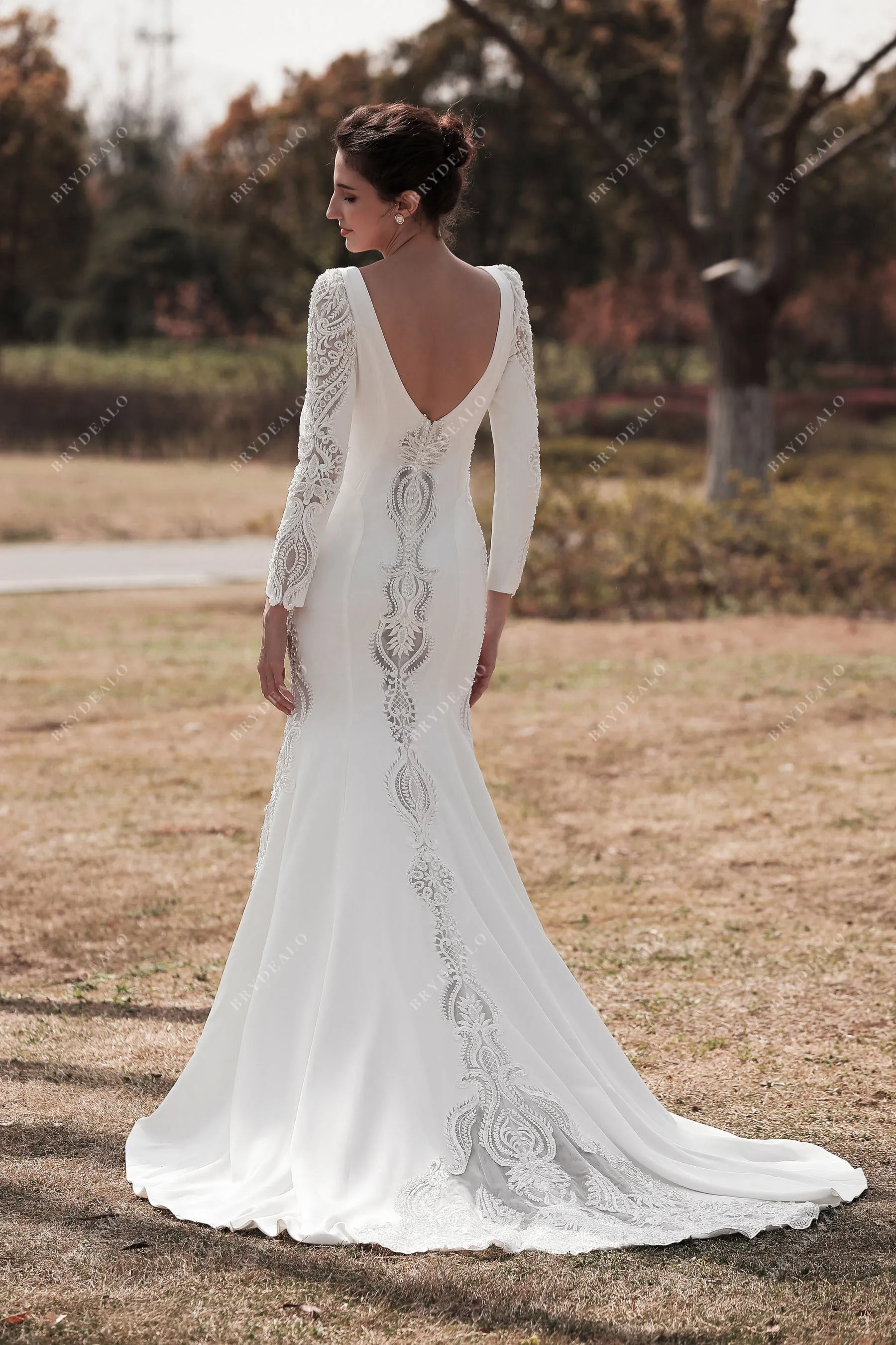 Elegant Crepe Lace Sleeved Mermaid Bridal Gown