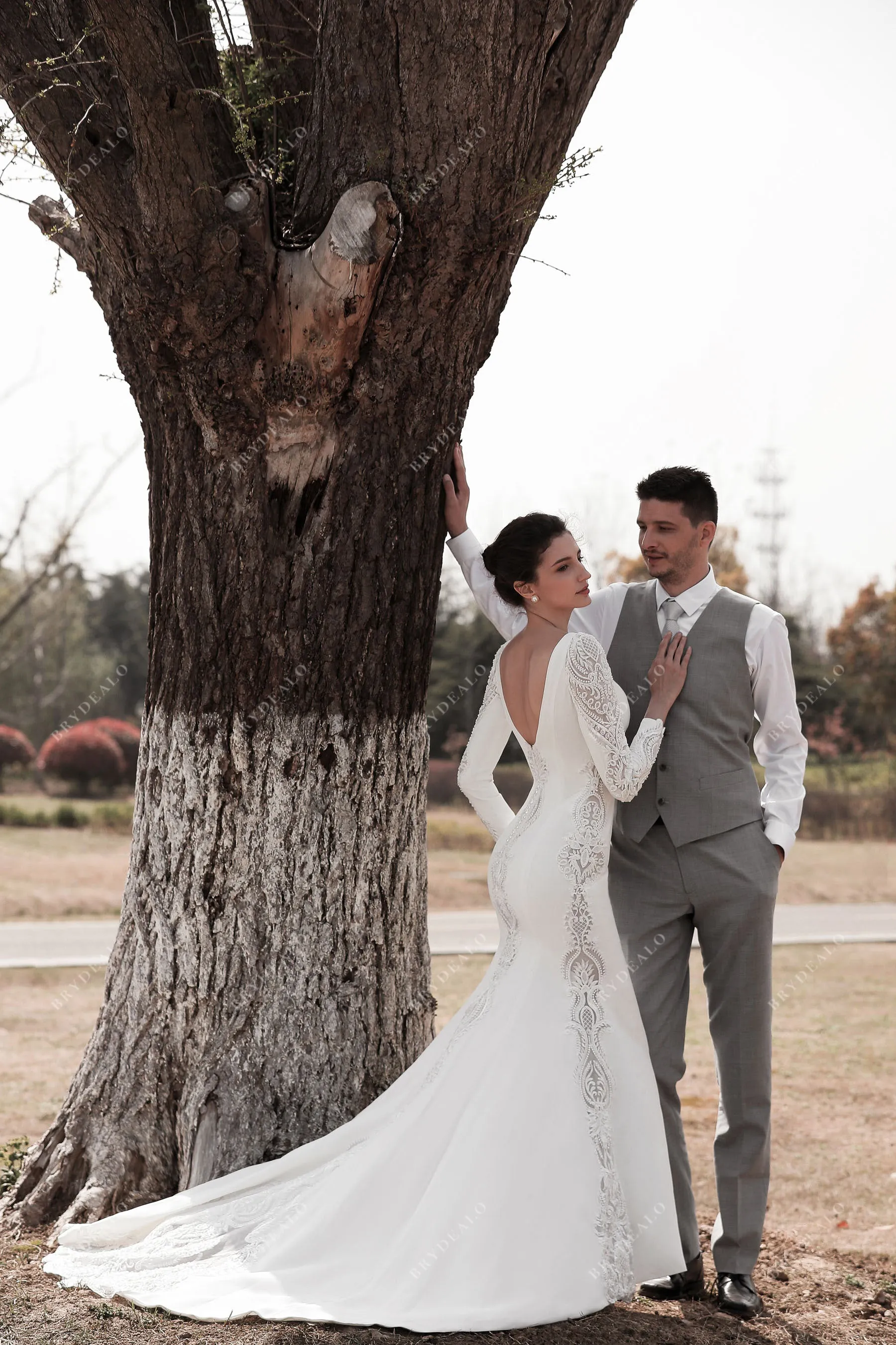 Elegant Crepe Lace Sleeved Mermaid Bridal Gown