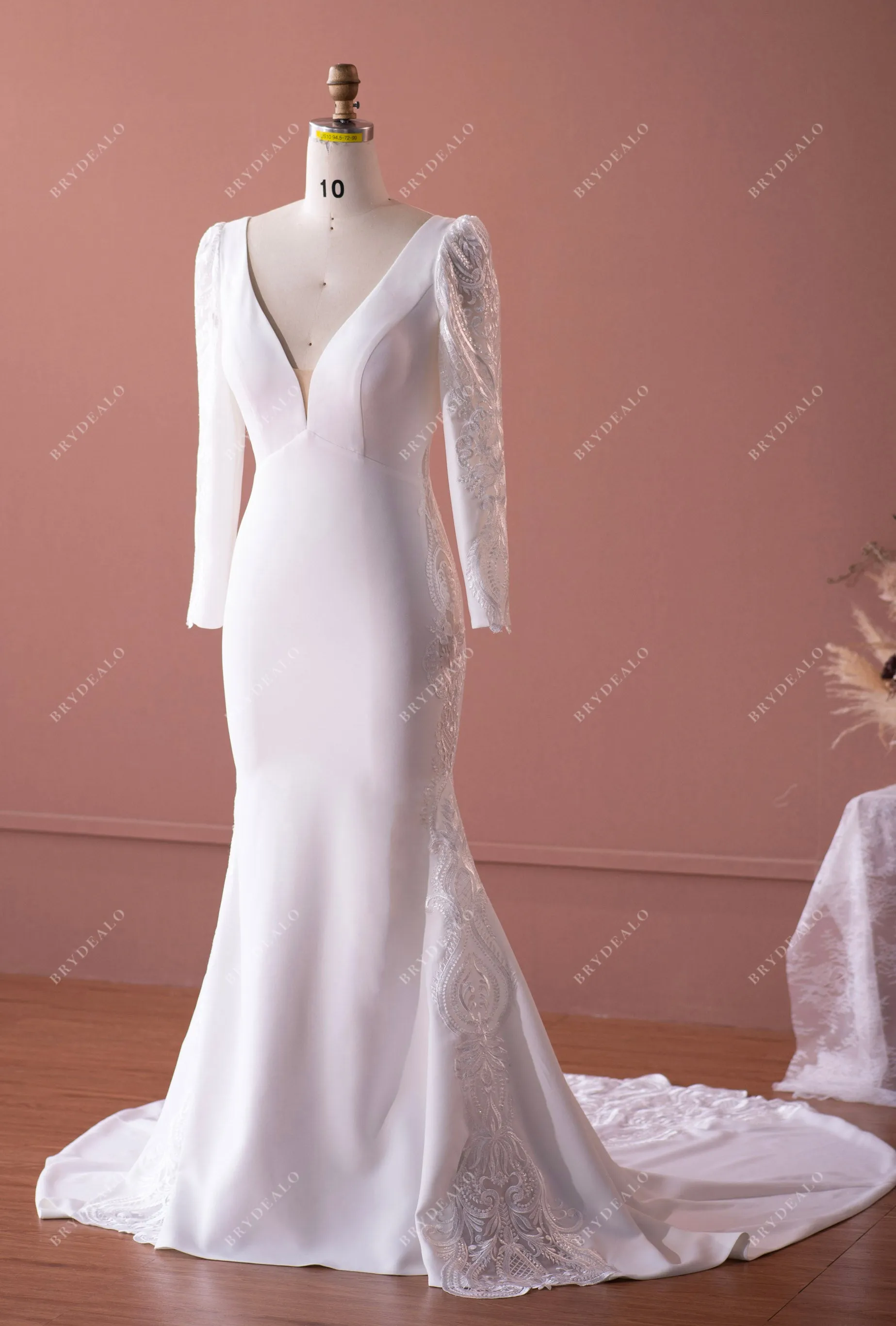 Elegant Crepe Lace Sleeved Mermaid Bridal Gown