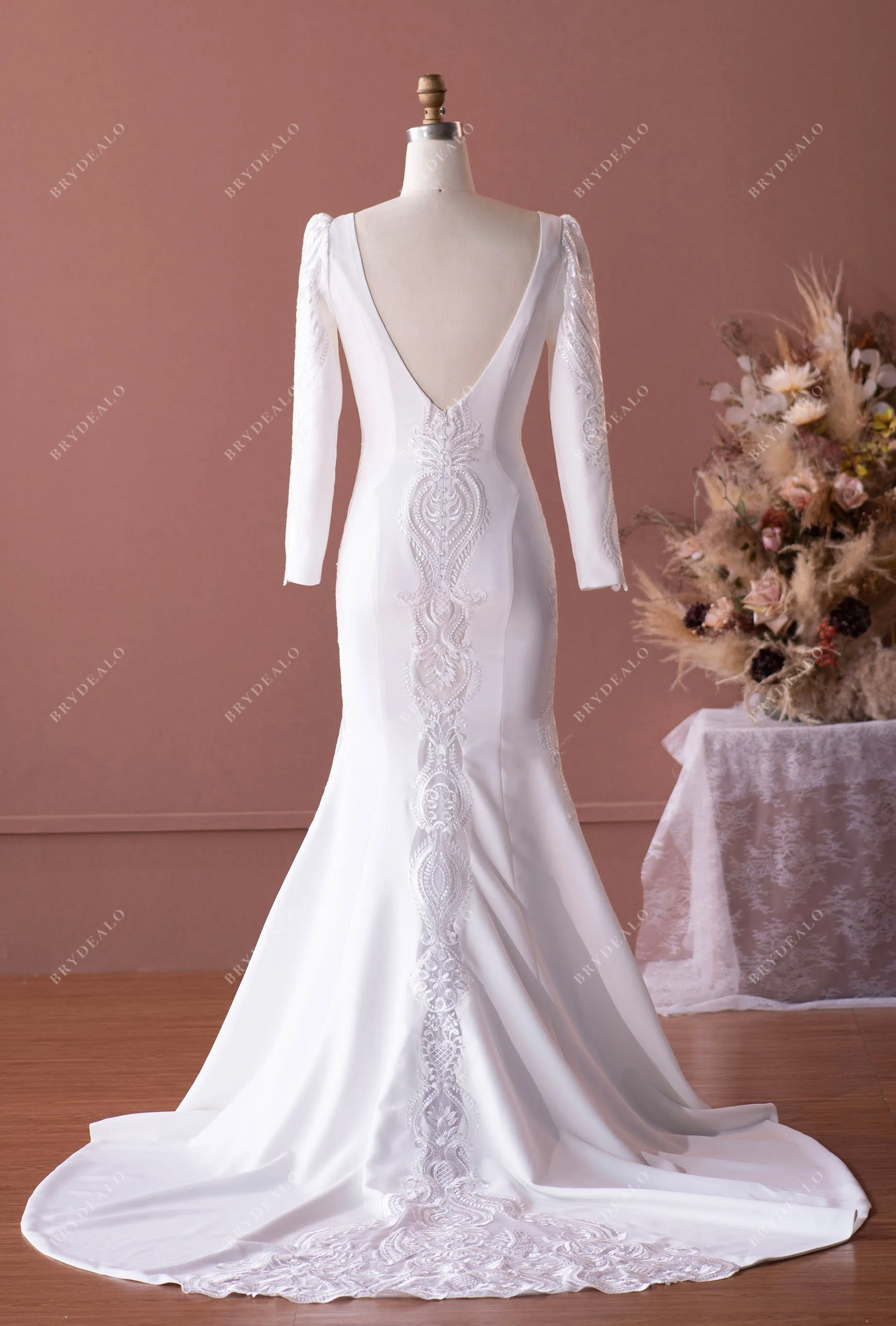 Elegant Crepe Lace Sleeved Mermaid Bridal Gown