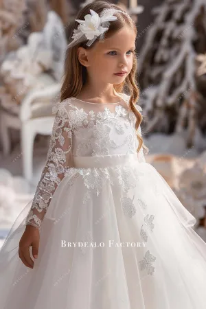 Elegant Lace Tulle Long Sleeve Floor Length Flower Girl Dress