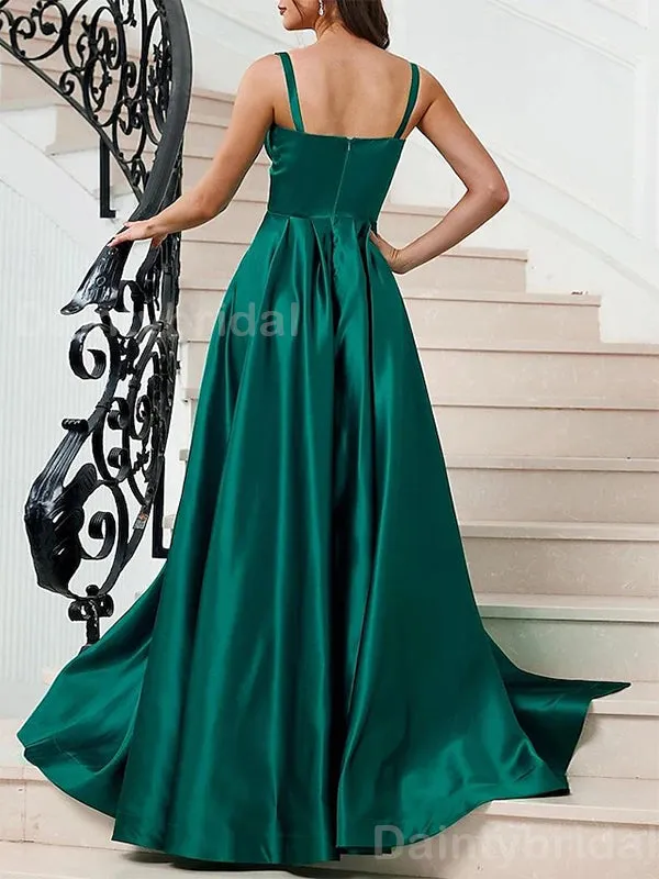 Elegant Spaghetti Straps Side Slit A-line Satin Dark Green Evening Prom Dress Online, OL084