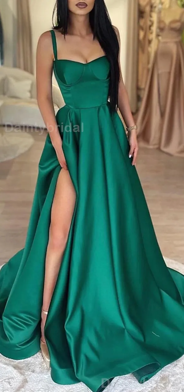 Elegant Spaghetti Straps Side Slit A-line Satin Dark Green Evening Prom Dress Online, OL084