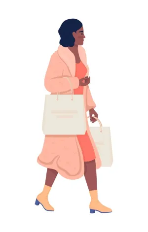 Fashionable lady in pink coat with purchases semi flat color vector character