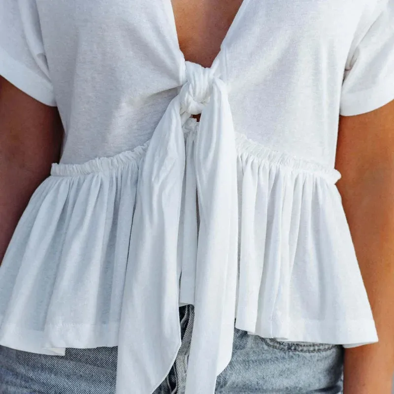 Fashionable Short Sleeve Summer V-Neck White Bandage Elegant Casual Top