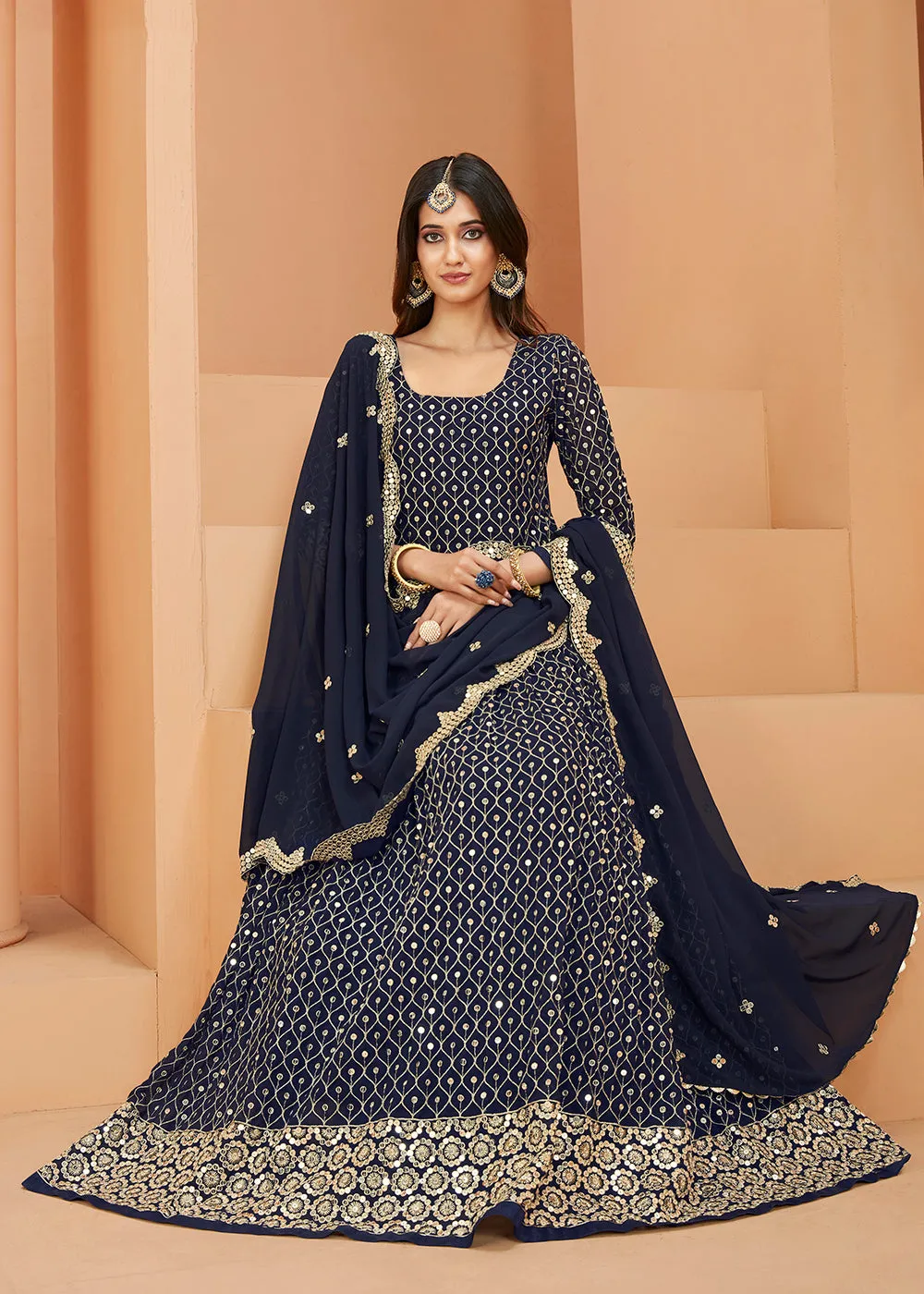 Faux Georgette Dazzling Navy Blue Sequins Anarkali Suit